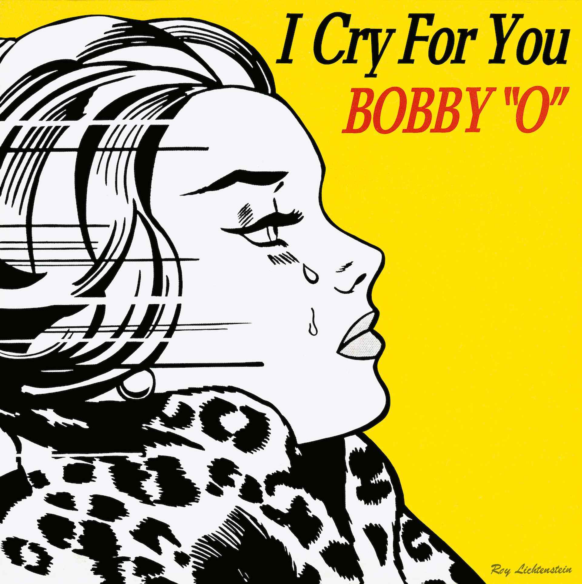 An image of the album cover for I Cry For You, designed by artist Roy Lichtenstein. It shows a monochrome crying woman against a bright yellow background. She is depicted in Lichtenstein’s signature graphic style.