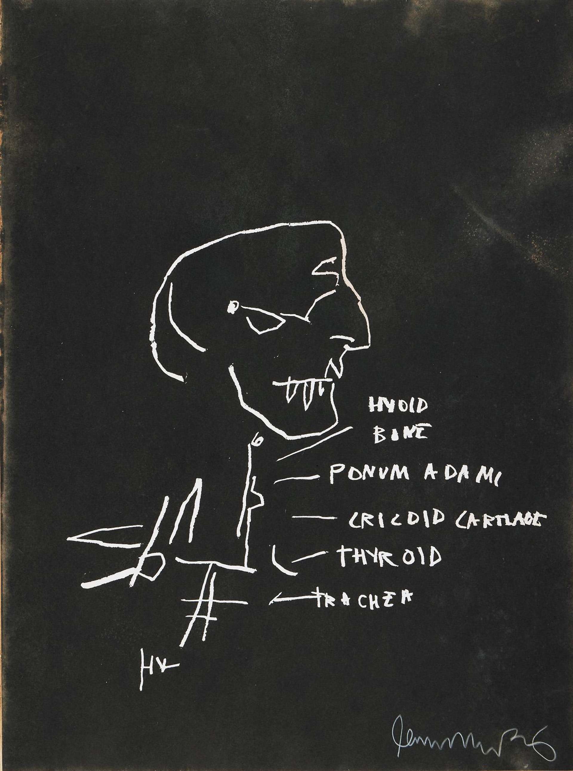 A black screenprint by Jean-Michel Basquiat featuring sketchbook-style drawings of a skeletal head and other doodles resembling a skeletal figure, with labeled parts.