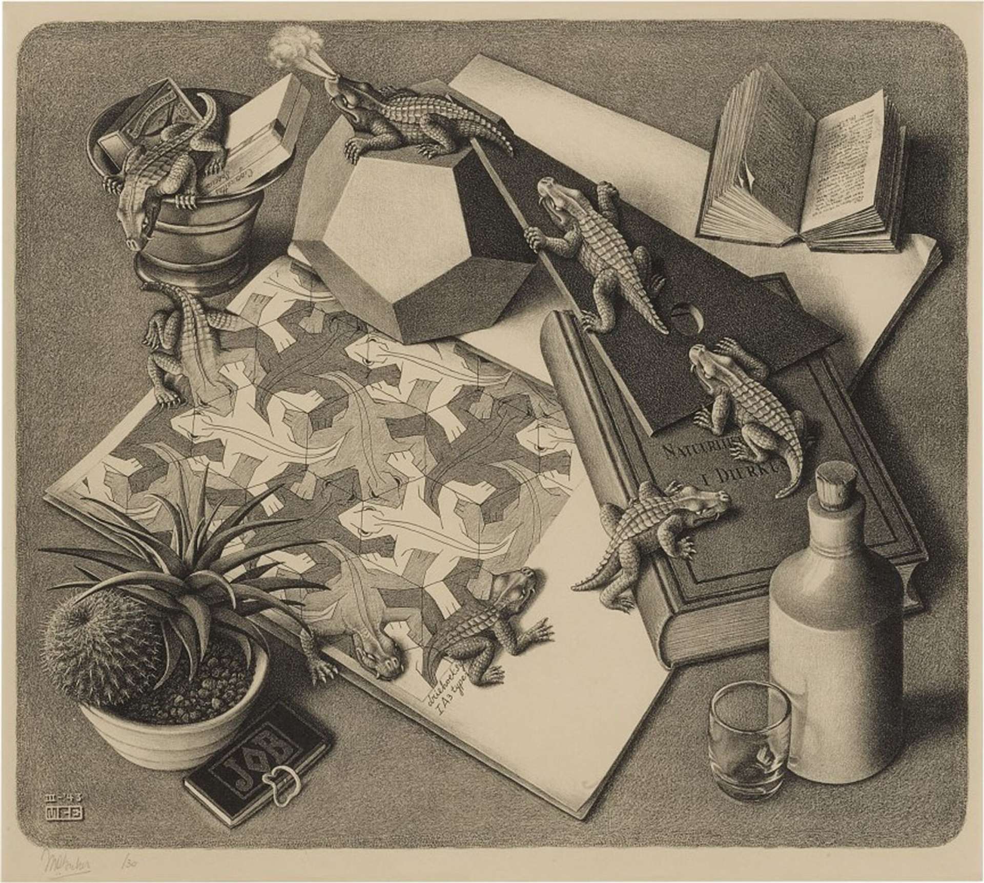 Lithograph of a still life with reptiles
