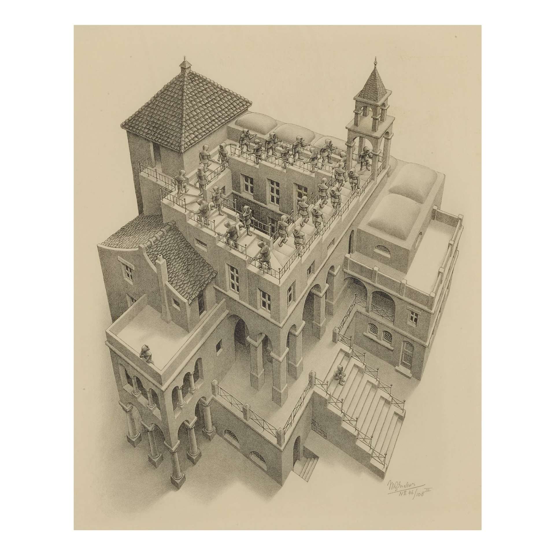 A lithograph print titled "Ascending and Descending" by M.C. Escher featuring figures dressed in robes and hats, endlessly ascending and descending a never-ending staircase in a geometrically impossible setting.