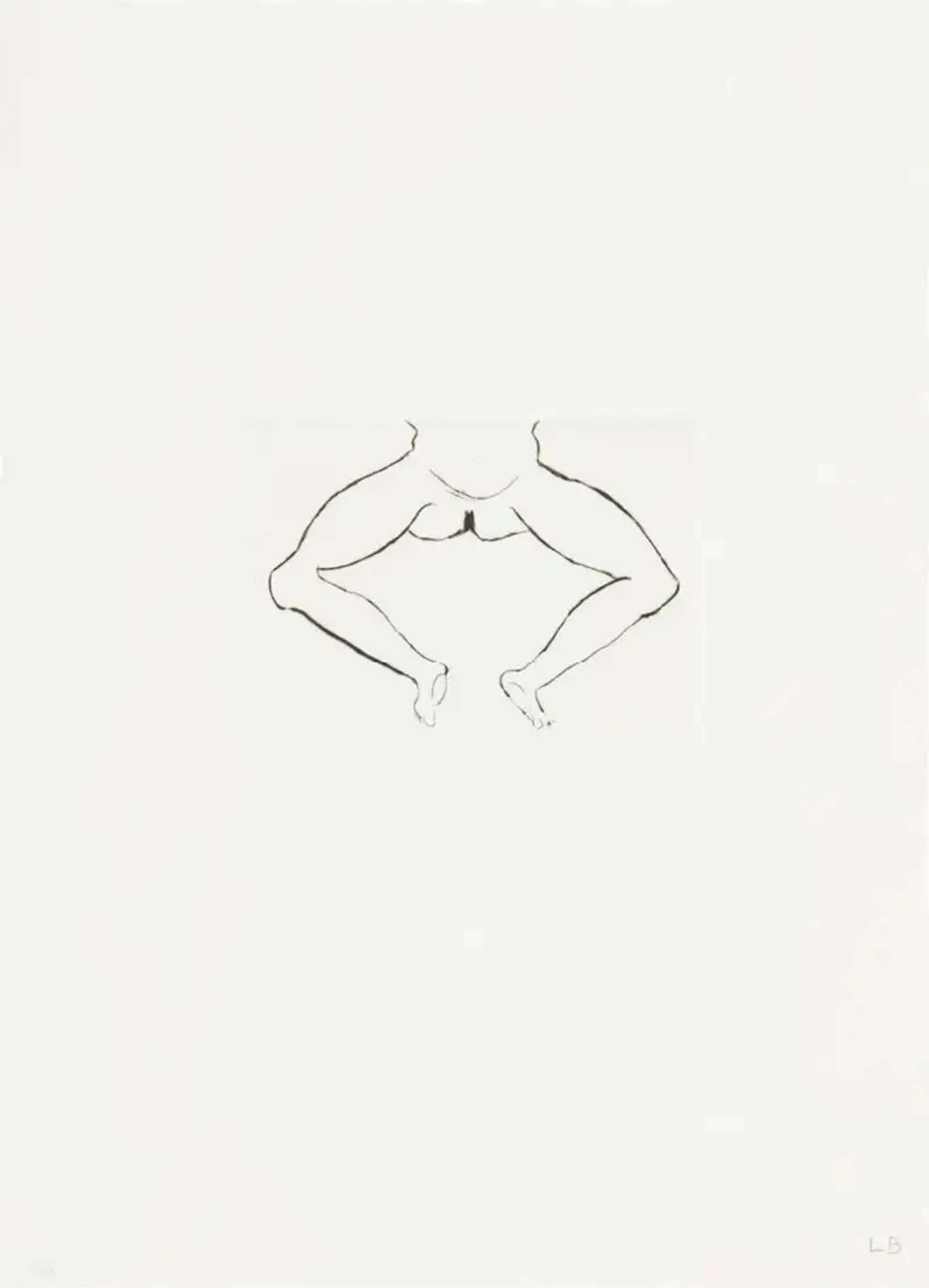 Louise Bourgeois Untitled No. 7. A monochromatic etching of a depiction of the nude lower half of a woman’s body.