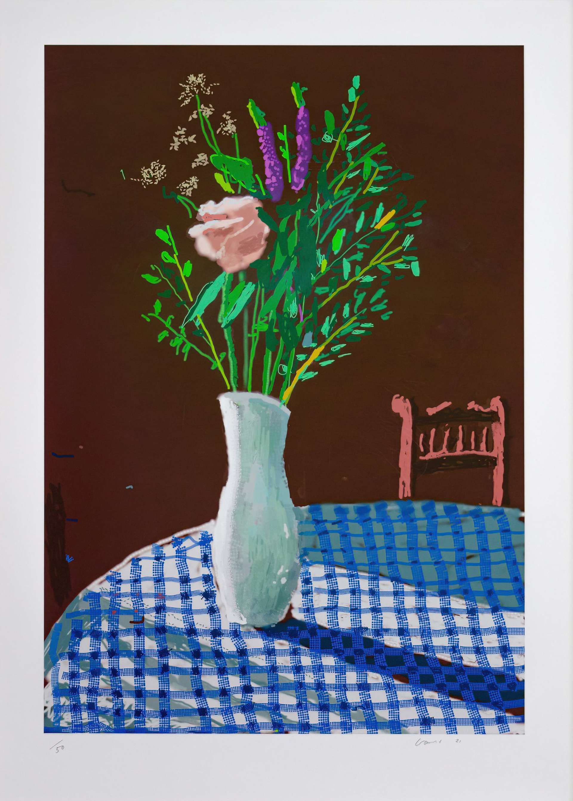 4th February 2021, Flowers In White Vase With Chair - Signed Print by David Hockney 2021 - MyArtBroker