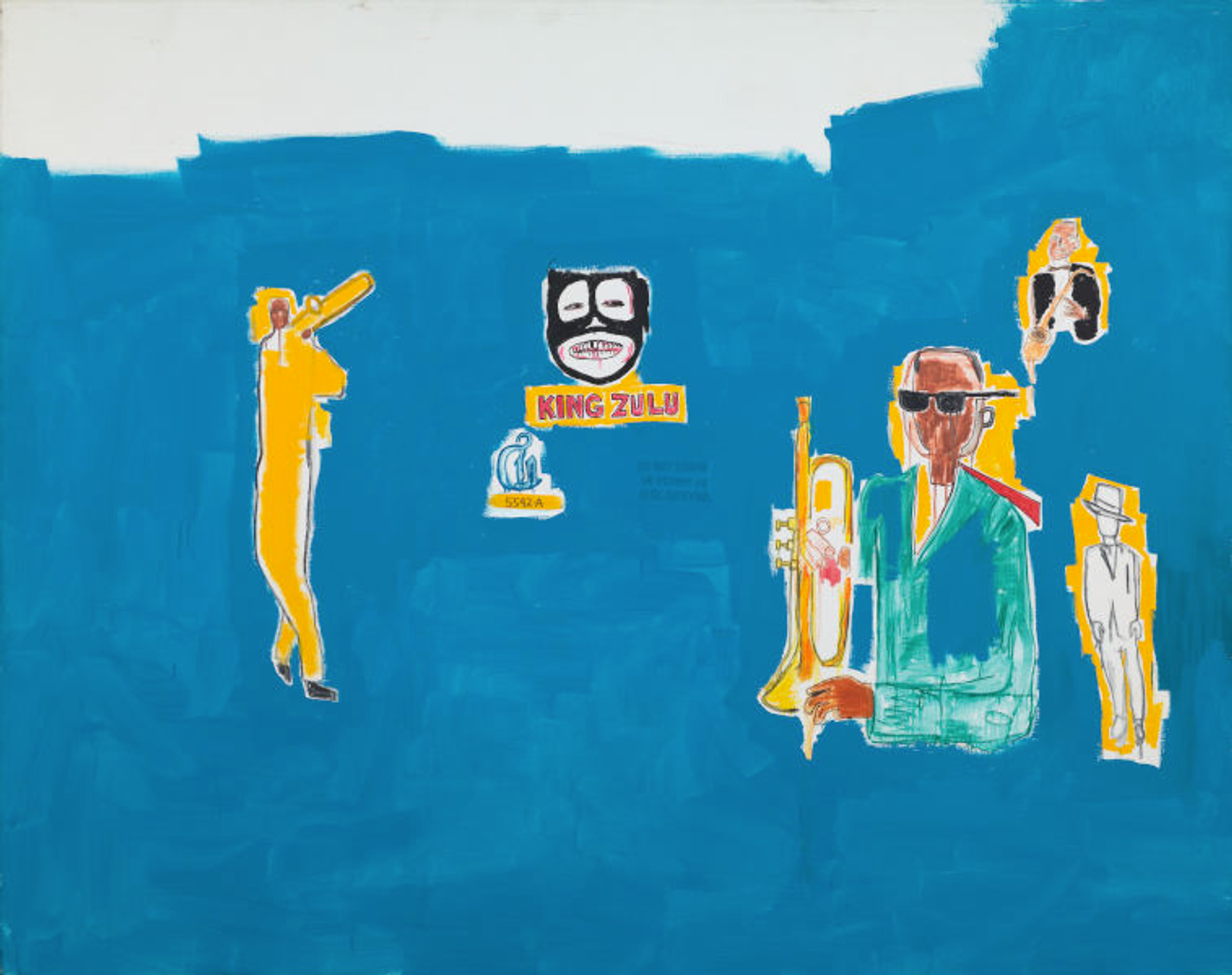 Jean-Michel Basquiat’s King Zulu. Neo-expressionist figures of men playing or holding jazz instruments against a blue background.