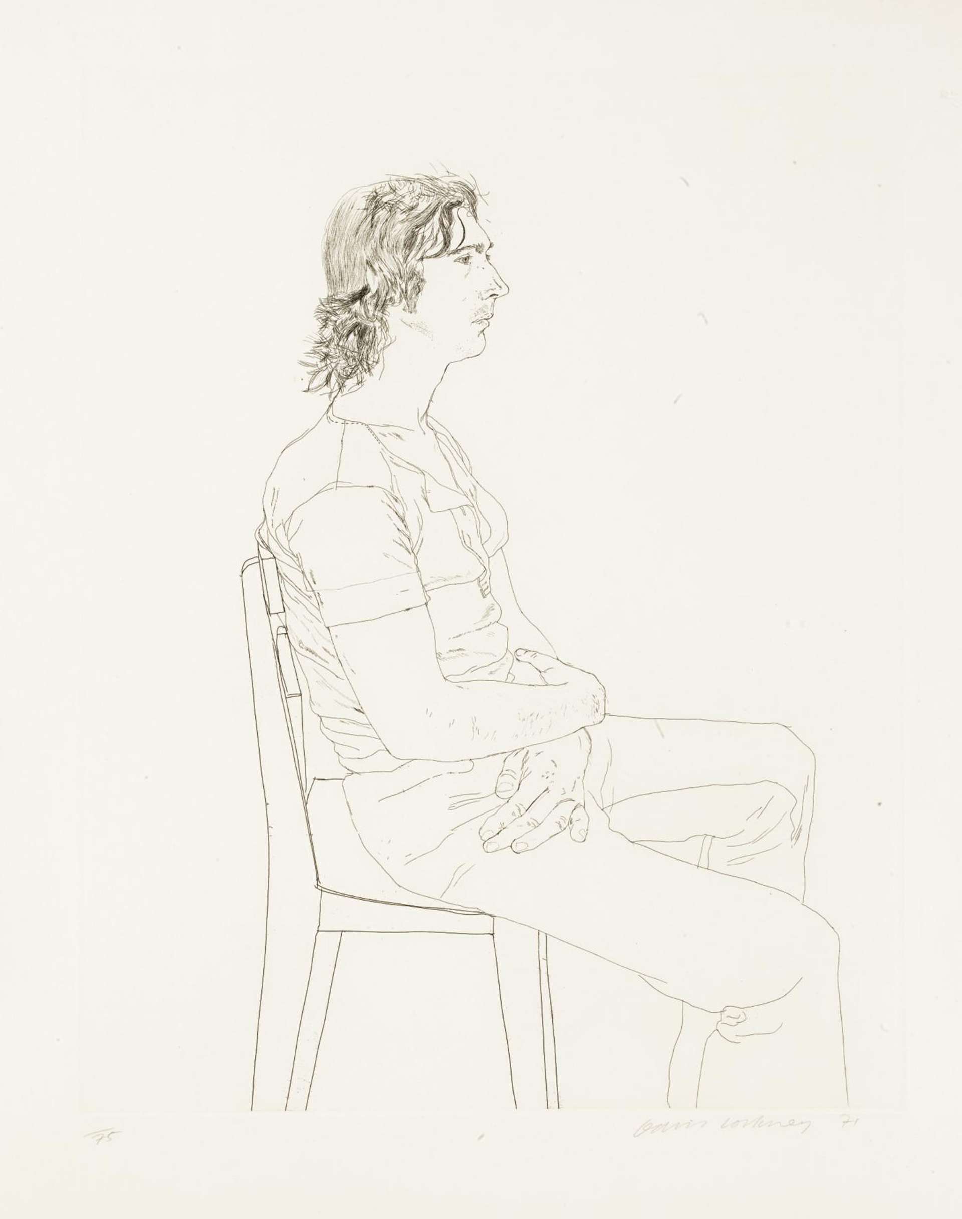 David Hockney’s Maurice Payne. An etching of a man with medium length hair, seated in a chair with his arms crossed over his lap with his legs apart.