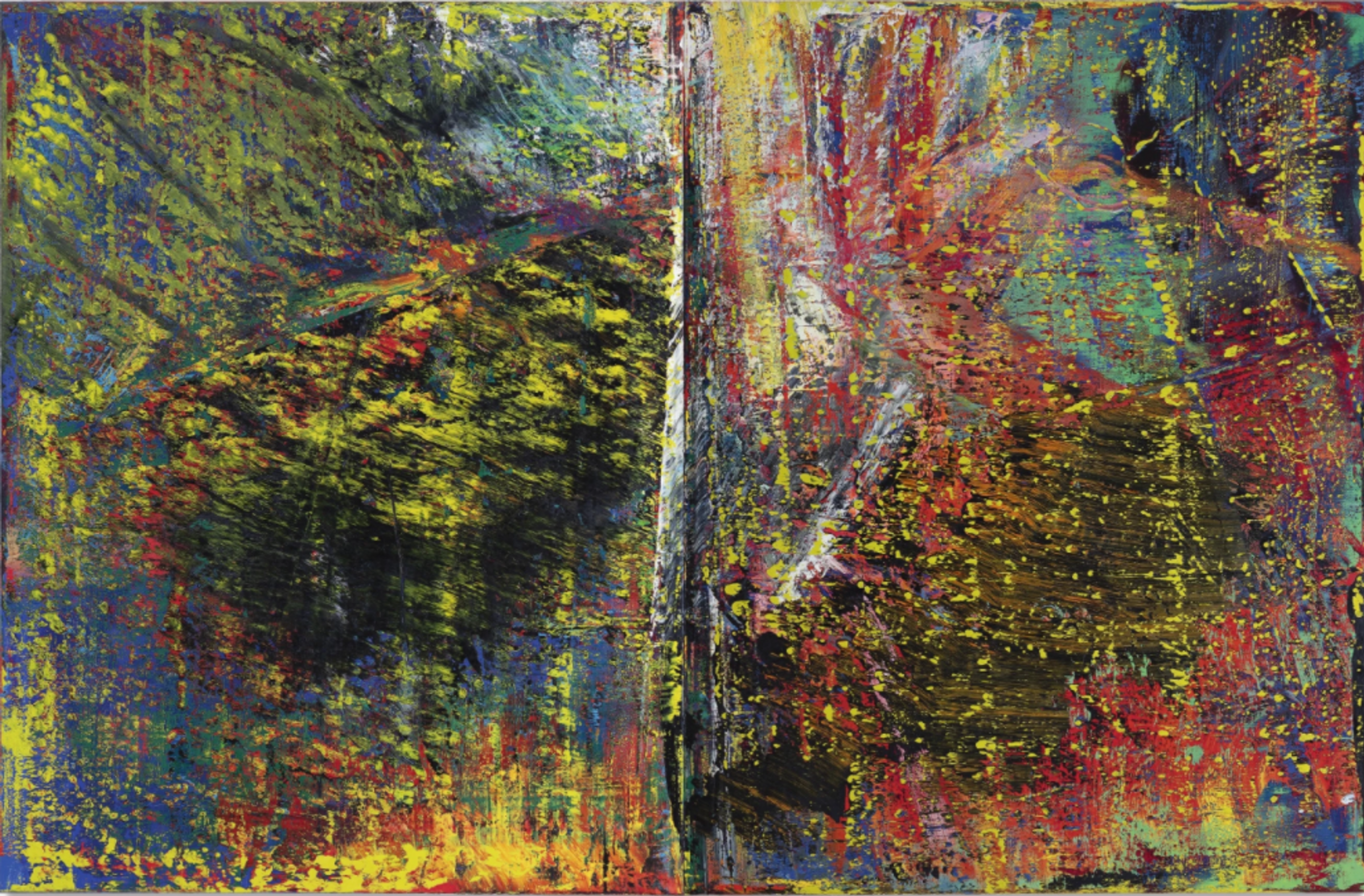 Painting by Gerhard Richter covering two panels, featuring abstract forms in red, yellow, black, blue, and white, which trace the artist's movement in the production of the artwork.