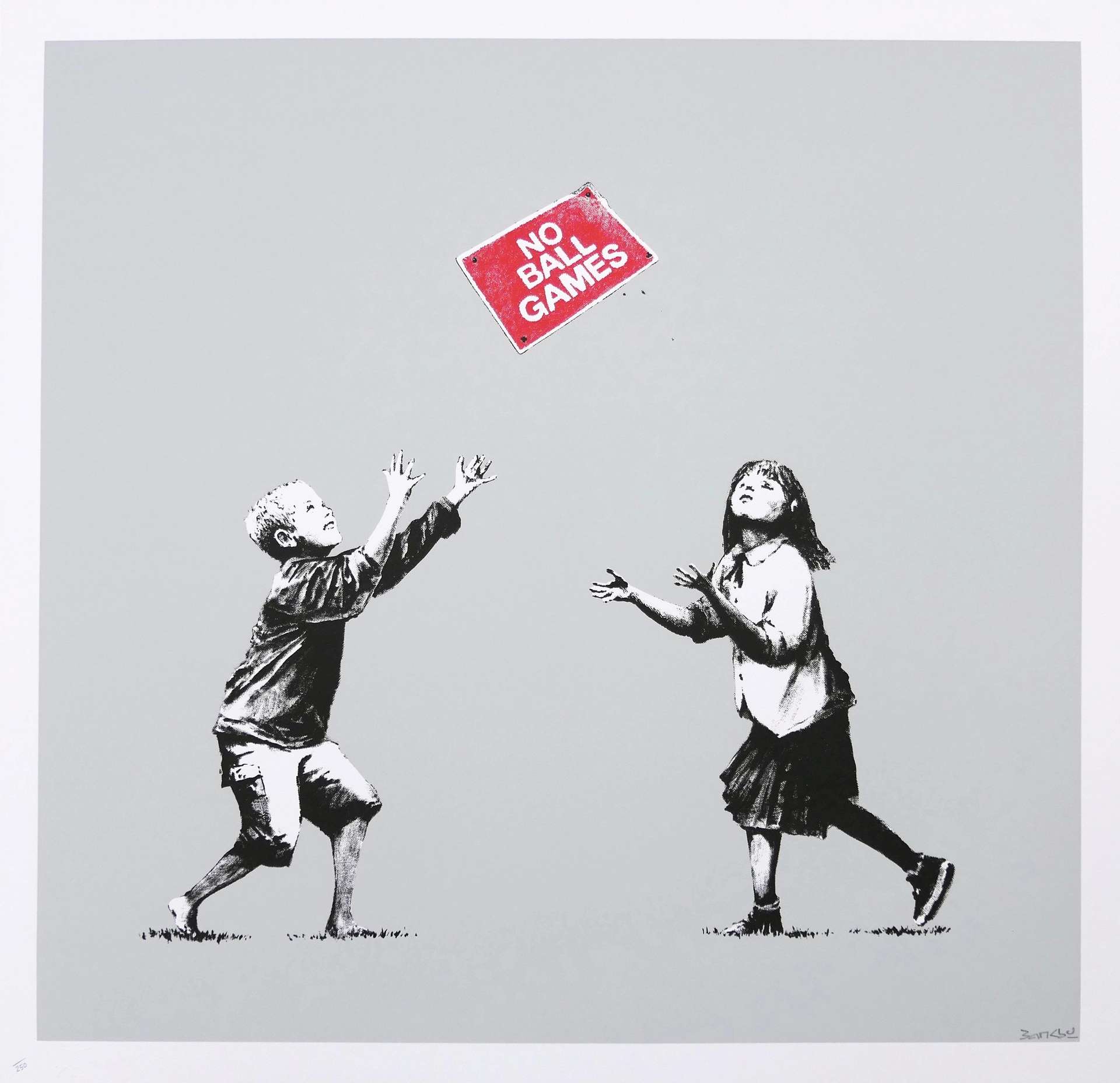 Screenprint by Banksy depicting two children against a grey background reaching for a red sign reading: “NO BALL GAMES”.