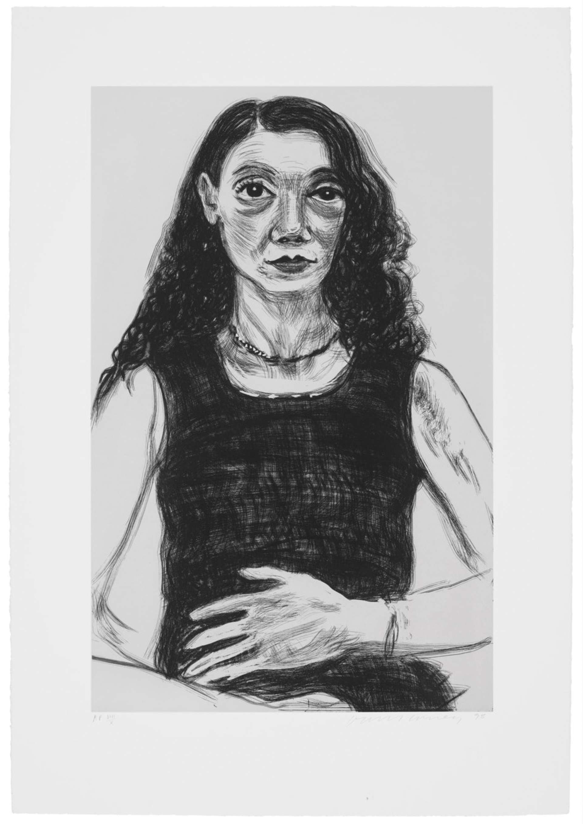 An etching by David Hockney depicting a woman with long curly hair staring out the picture plane beyond the viewer.