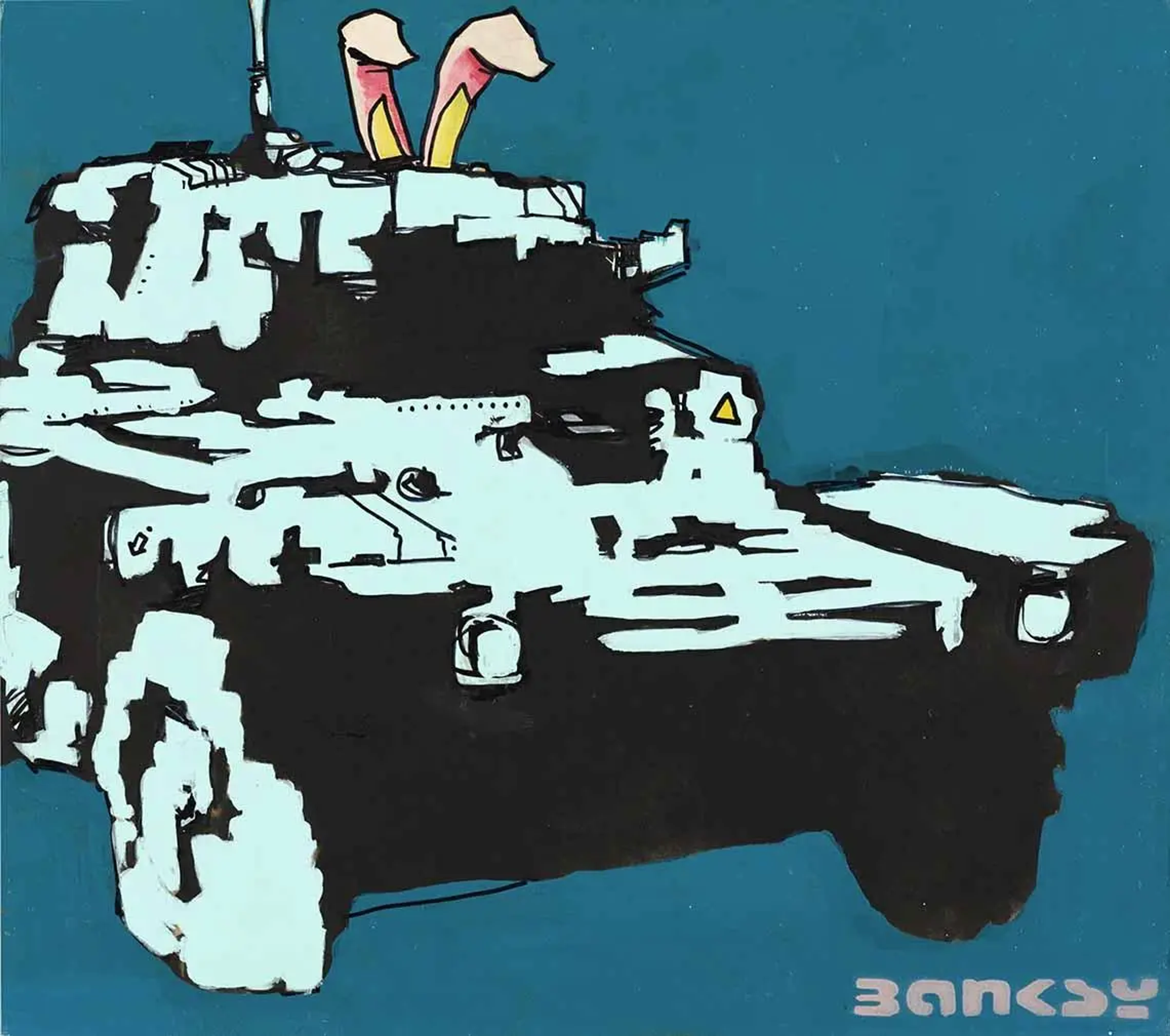 This work by Banksy shows a military tank, sporting a pair of bunny ears, against a blue background.