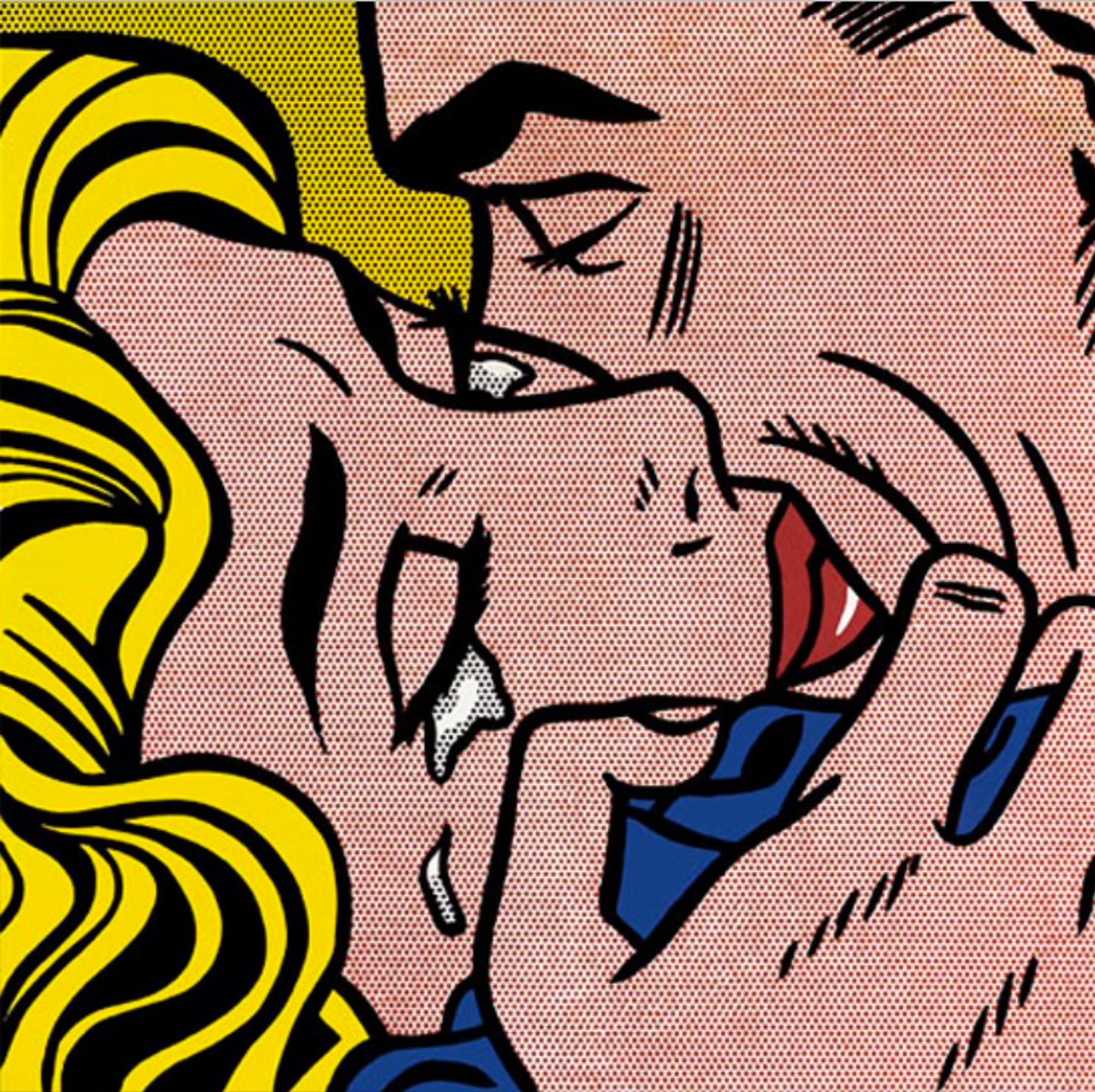 This work by Roy Lichtenstein shows a close-up of a couple tightly embracing as the blonde woman sheds a few tears.