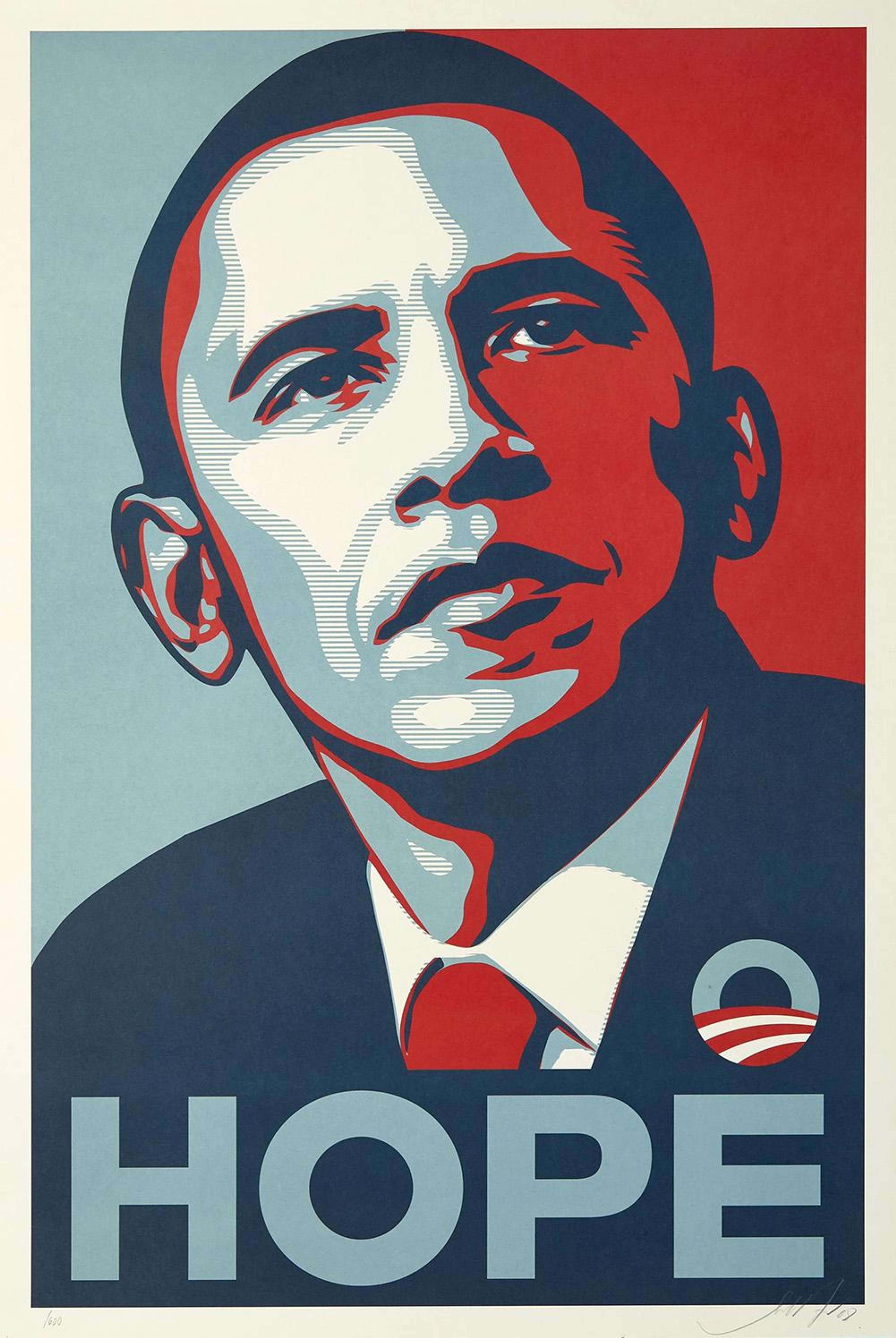 Presidential campaign poster featuring an image of Barack Obama in red, blue and white