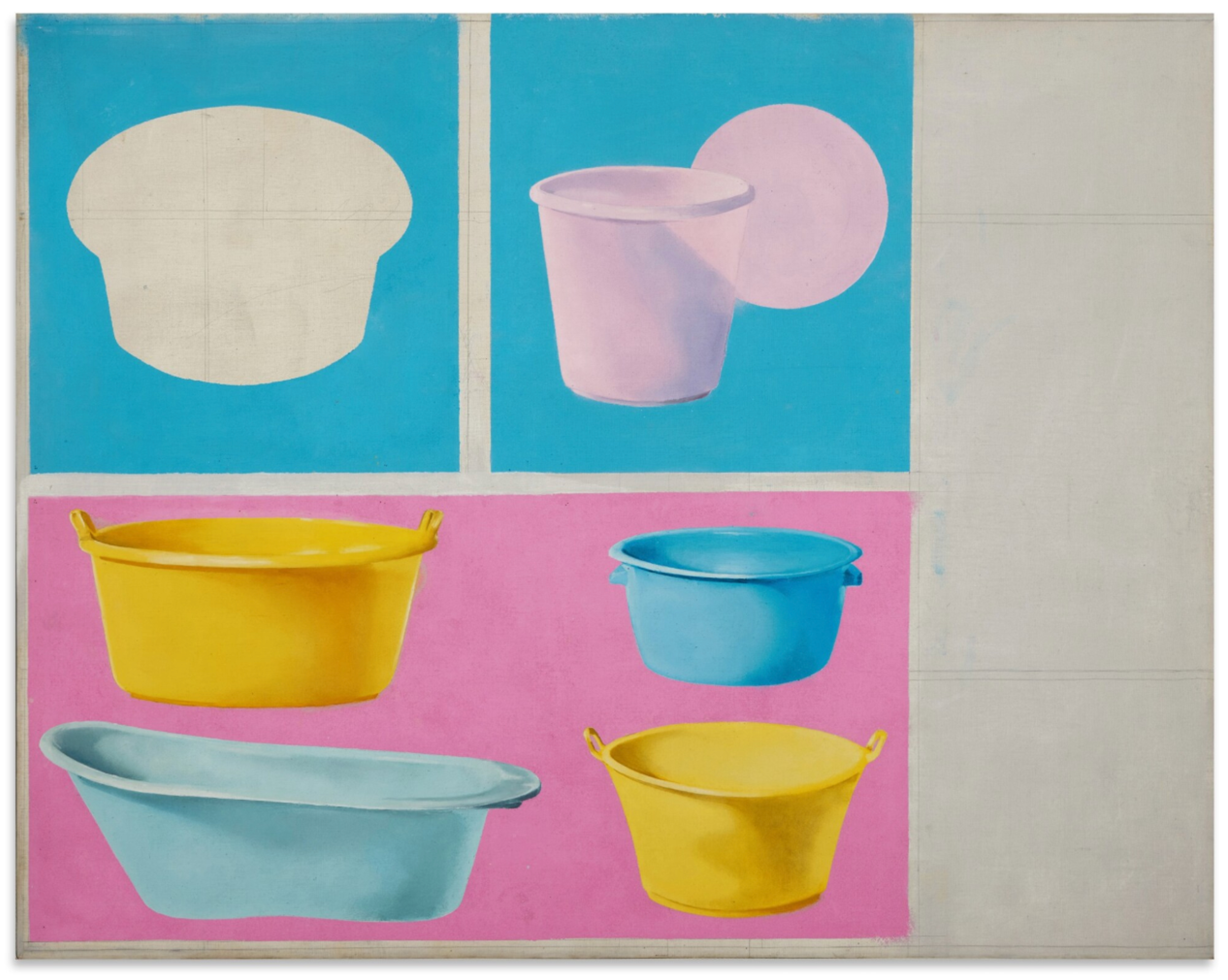 An irregular grid, with two top squares and a wider lower rectangle, each with plastic tubs inside - baby baths, bins, and containers - rendered with volumetric realism in muted yellows, blues, and pinks. The top two squares have a blue background, the lower pink rectangle has a pink background. The container in the top left square is left unpainted, exposing the canvas beneath.