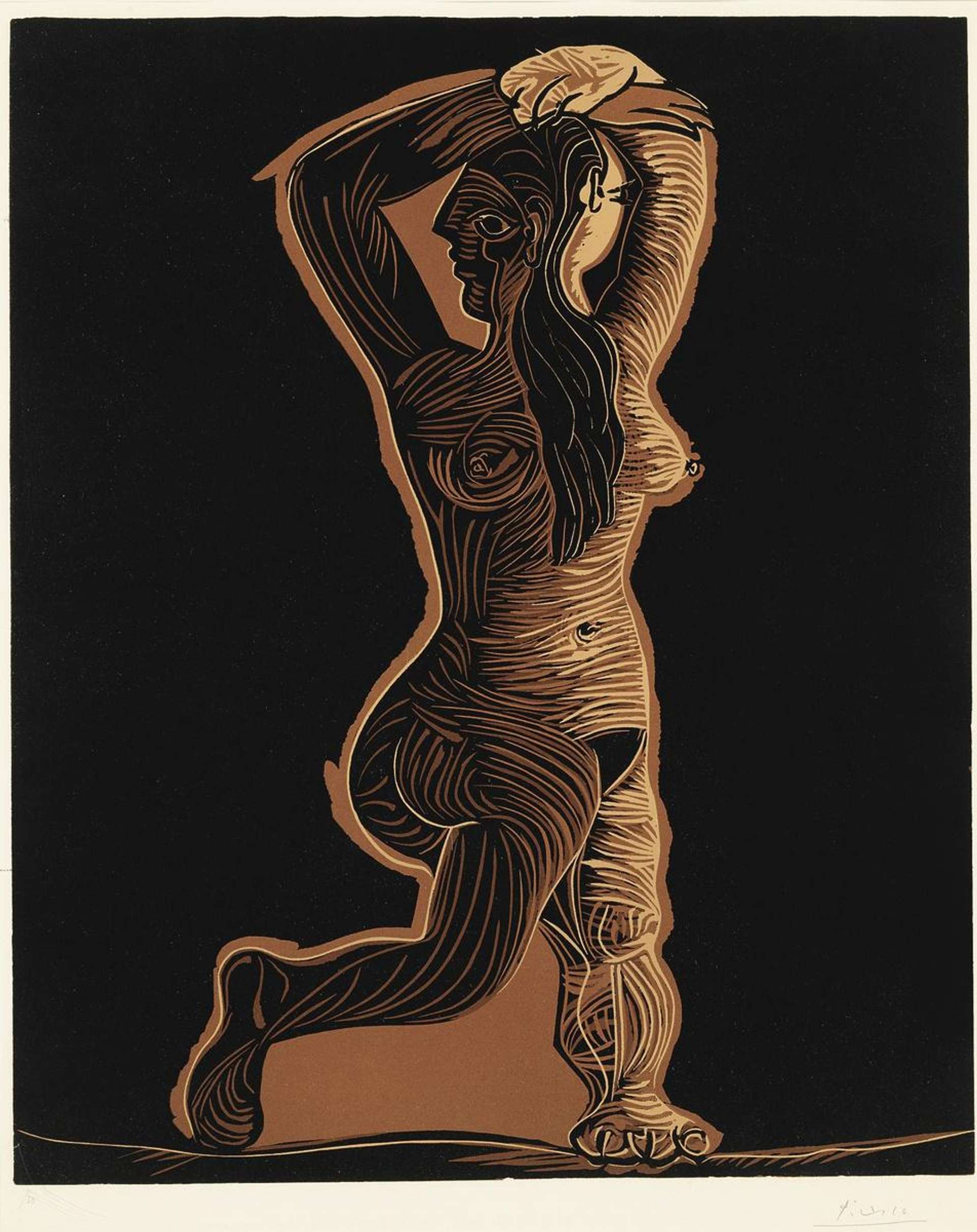 An image of a print by Pablo Picasso. It shows a nude female figure contorting her body. She is shown in brown and orange tones against a black background.