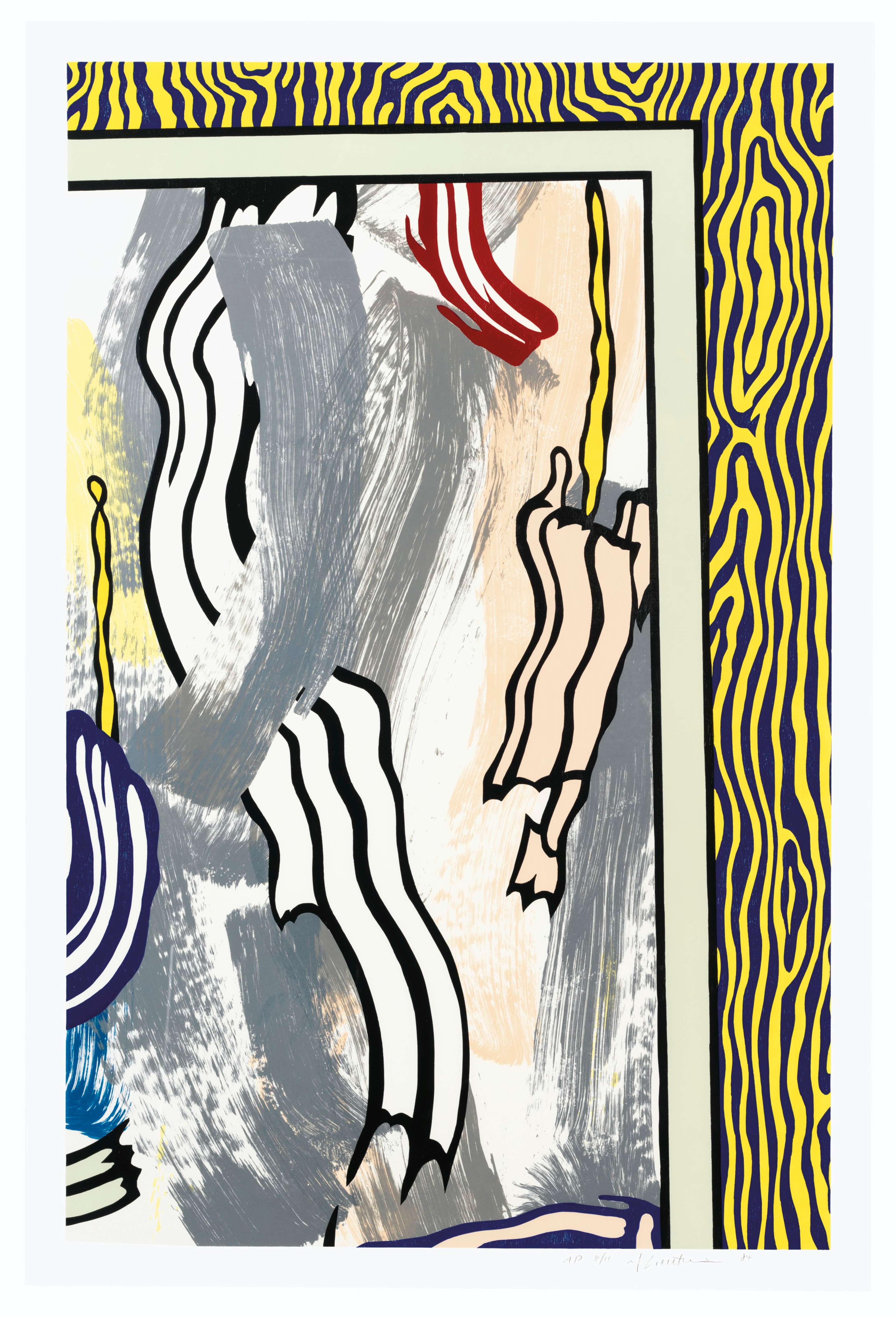 Pop Art print with faux wood-grain border and inner frame; grey gestural swathes and black-outlined ribbon brushstrokes, with navy, yellow and red accents.