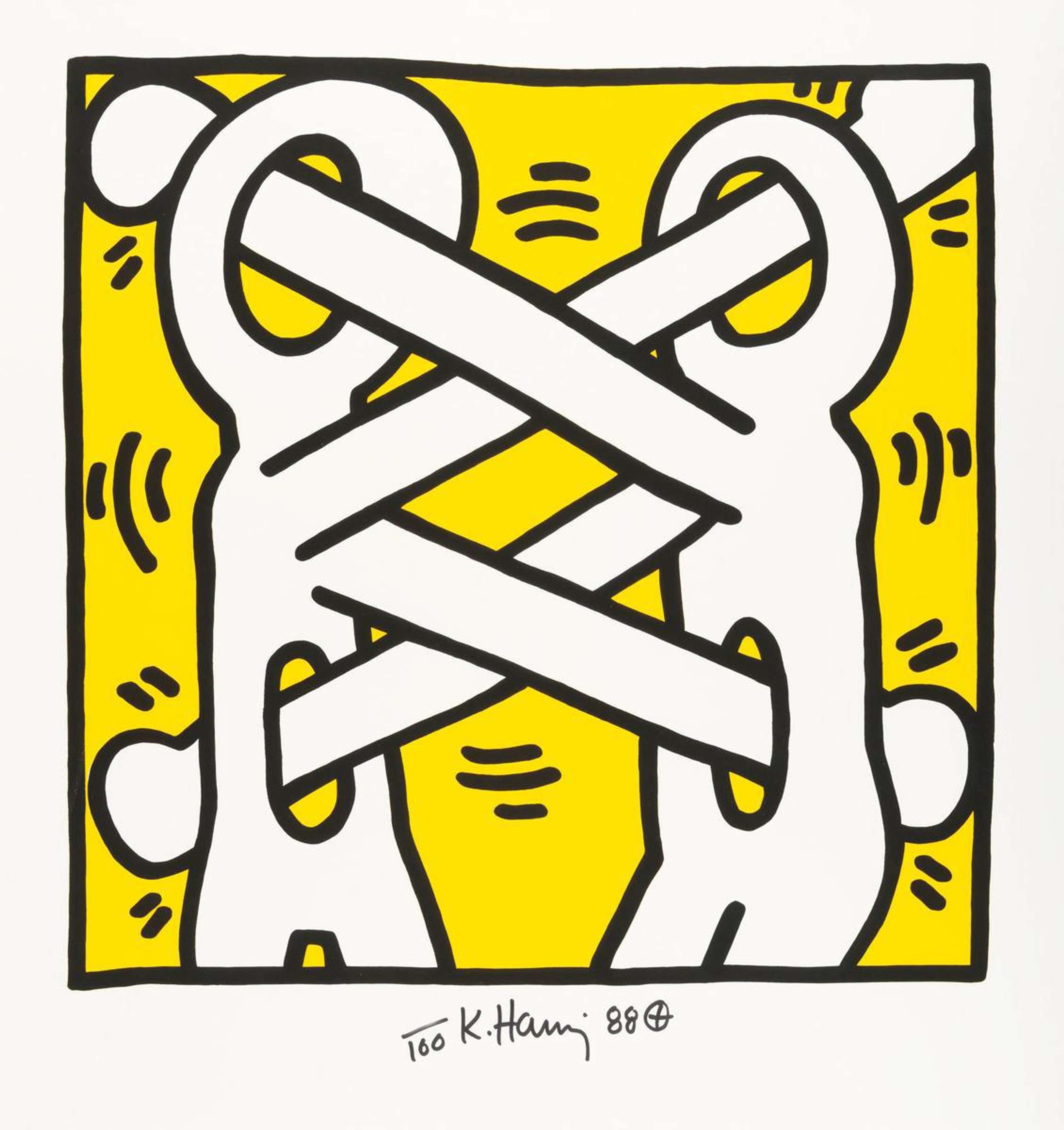 Two white figure of eight shapes with arms and legs interlock, set on a yellow background.