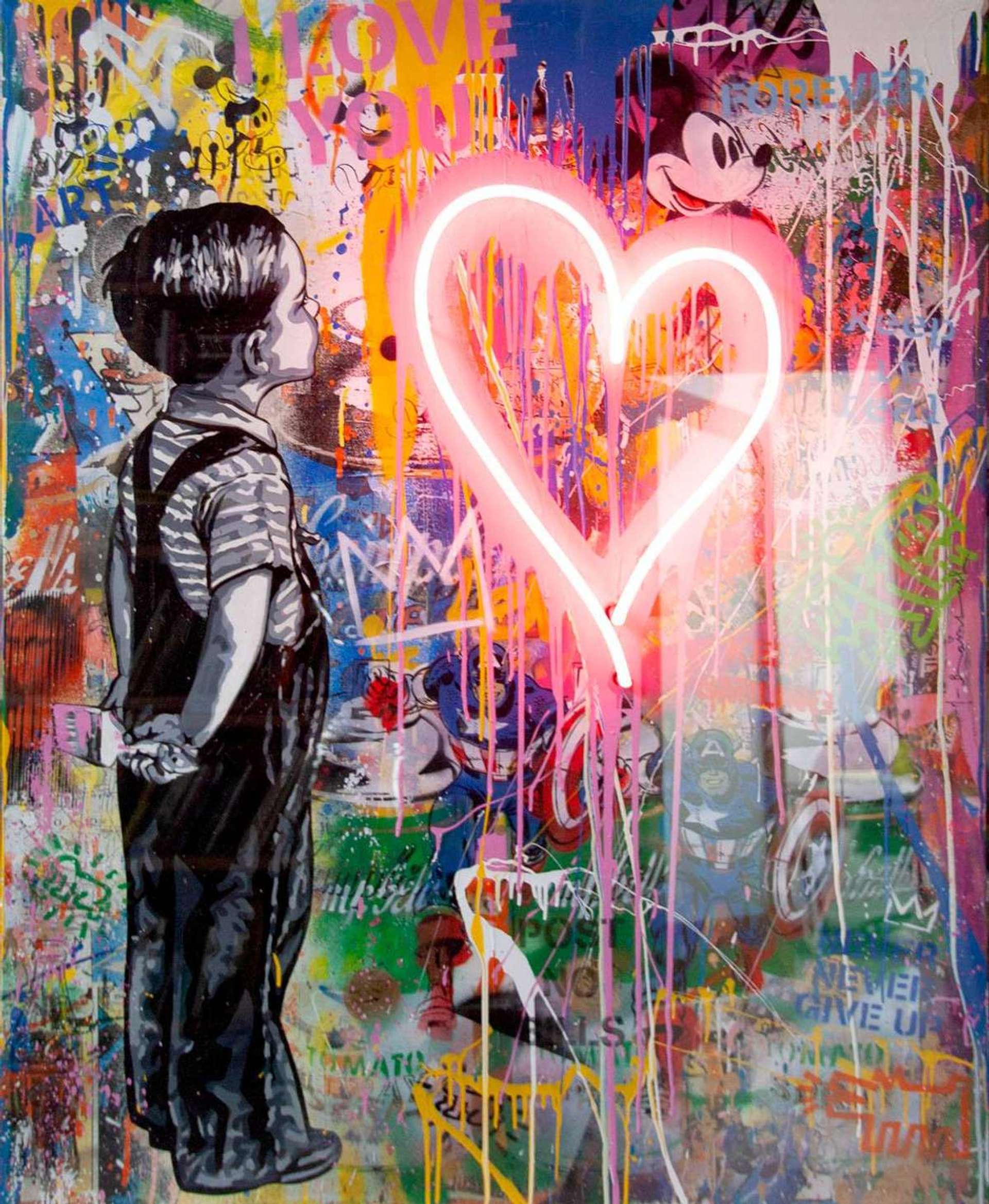 An image of the painting With All My Love by Mr. Brainwash, featuring a monochrome young boy admiring a bright pink neon heart against a colourfully splattered background featuring Warhol’s Campbell’s Soups