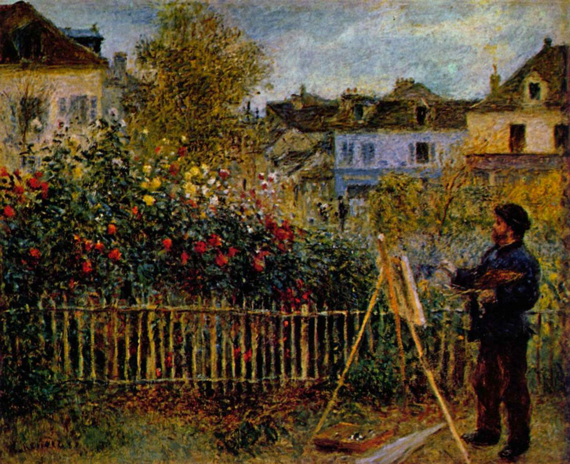 This painting by Renoir shows Monet painting outdoors in his garden. The artist is shown working on a painting on an easel, in the midst of flowers and houses.