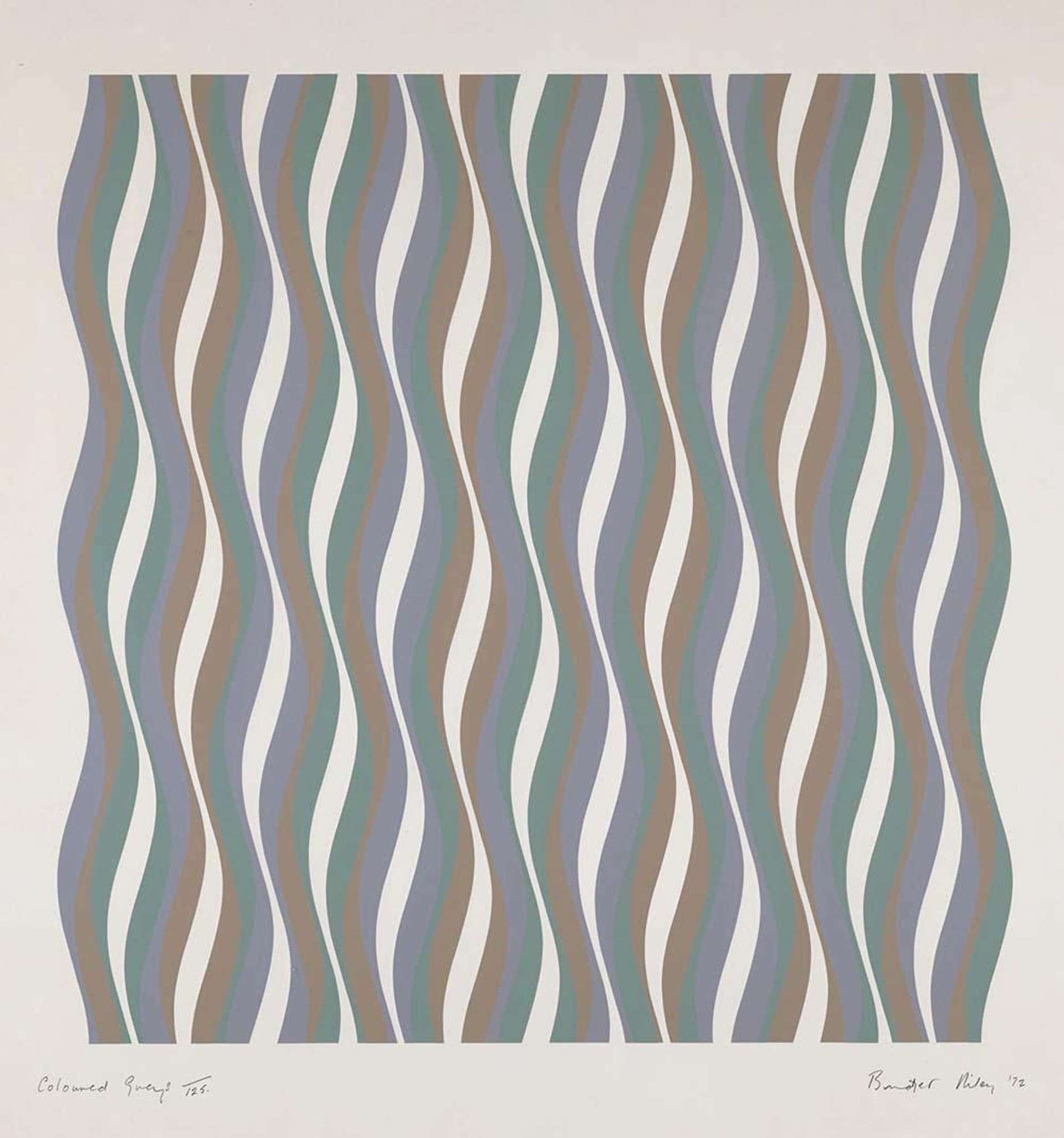 A screenprint by Bridget Riley formed of wavy lines in various hues of grey, extending vertically up the composition.