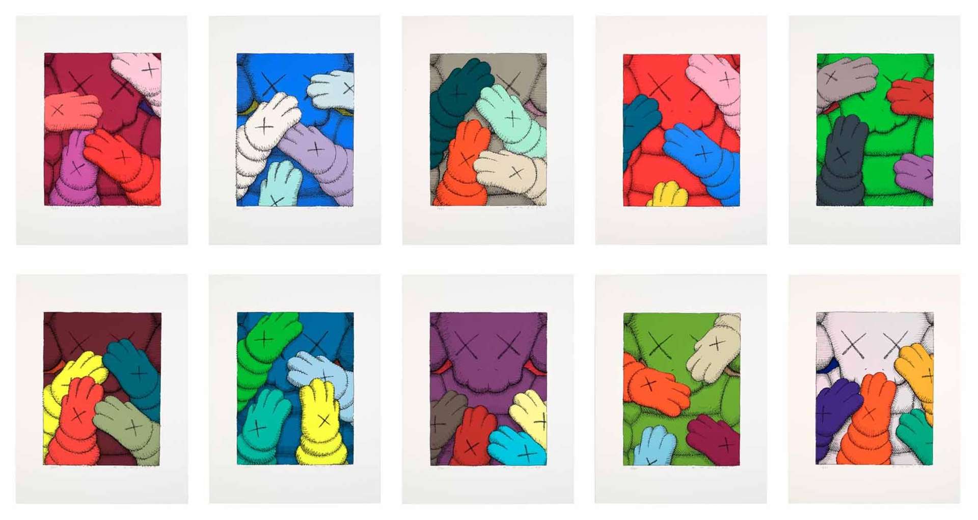 Each print in the collection depicts KAWS’ much loved cartoon character,Companion. Characterised by his inflated skull and crossbones head, crossed out eyes and Mickey Mouse-like body and gloved hands.
