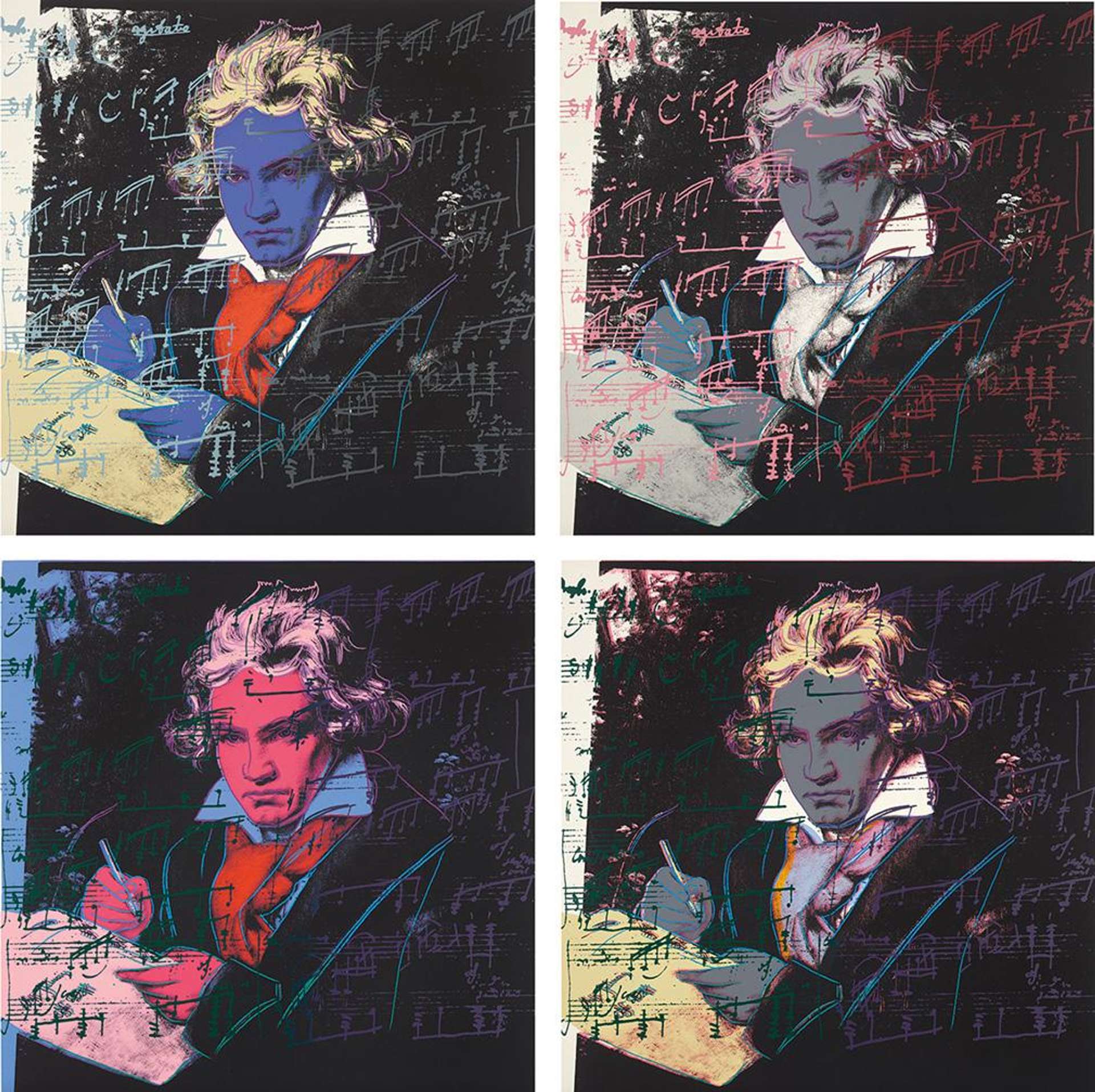 A set of four screenprints by Andy Warhol depicting the composer Beethoven in different bold colourways.