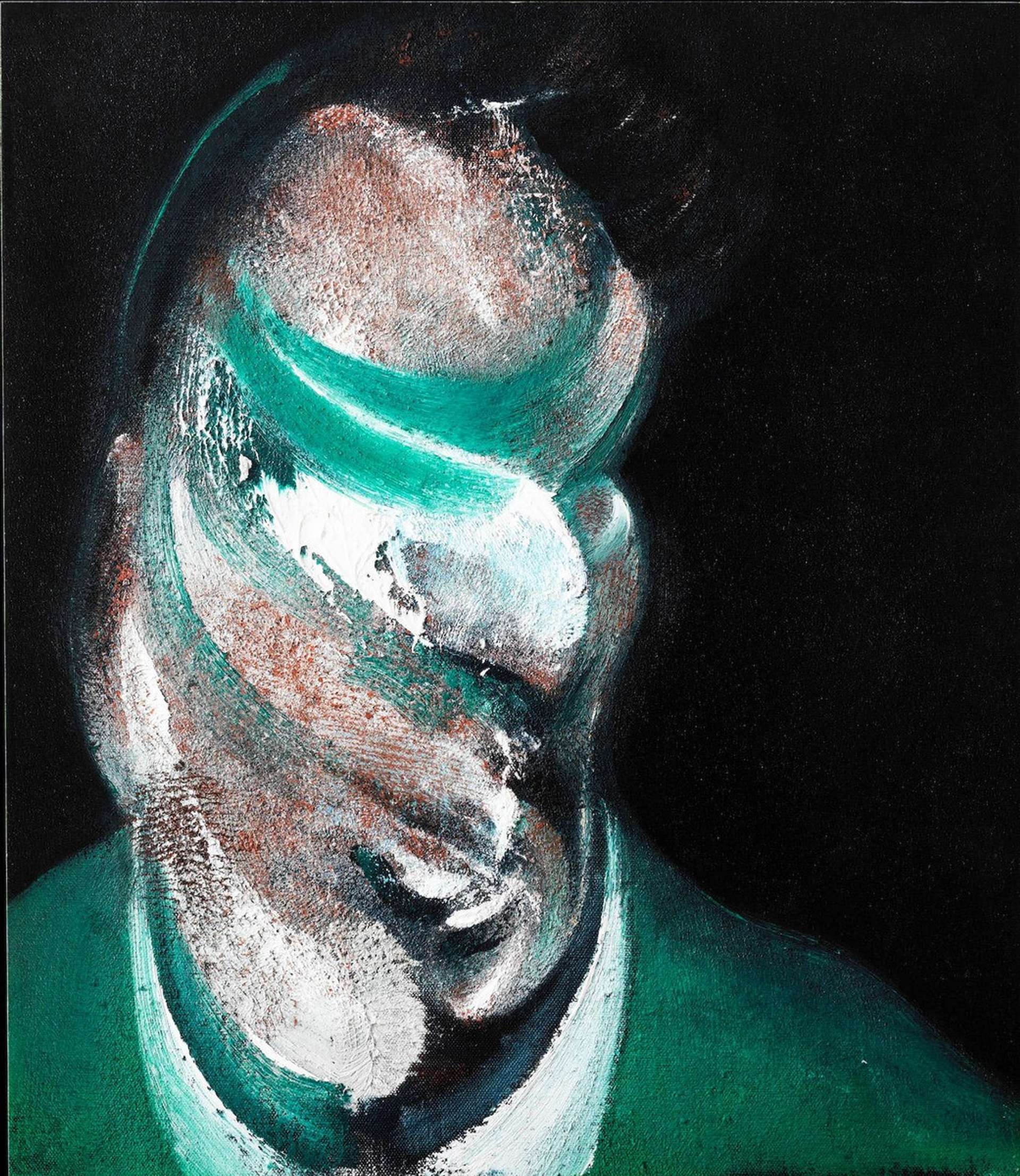 Head of a man where the features have been distorted by abstract strokes of greens, whites and browns 