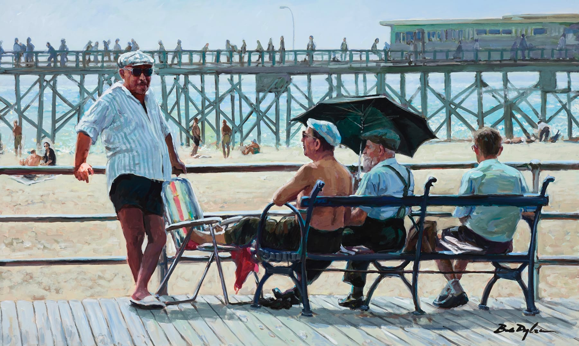 A picture of four old men hanging out and chatting on the ocean boardwalk with a pier in the background. Three sitting on a wooden and metal bench facing the ocean and one standing facing the viewer.