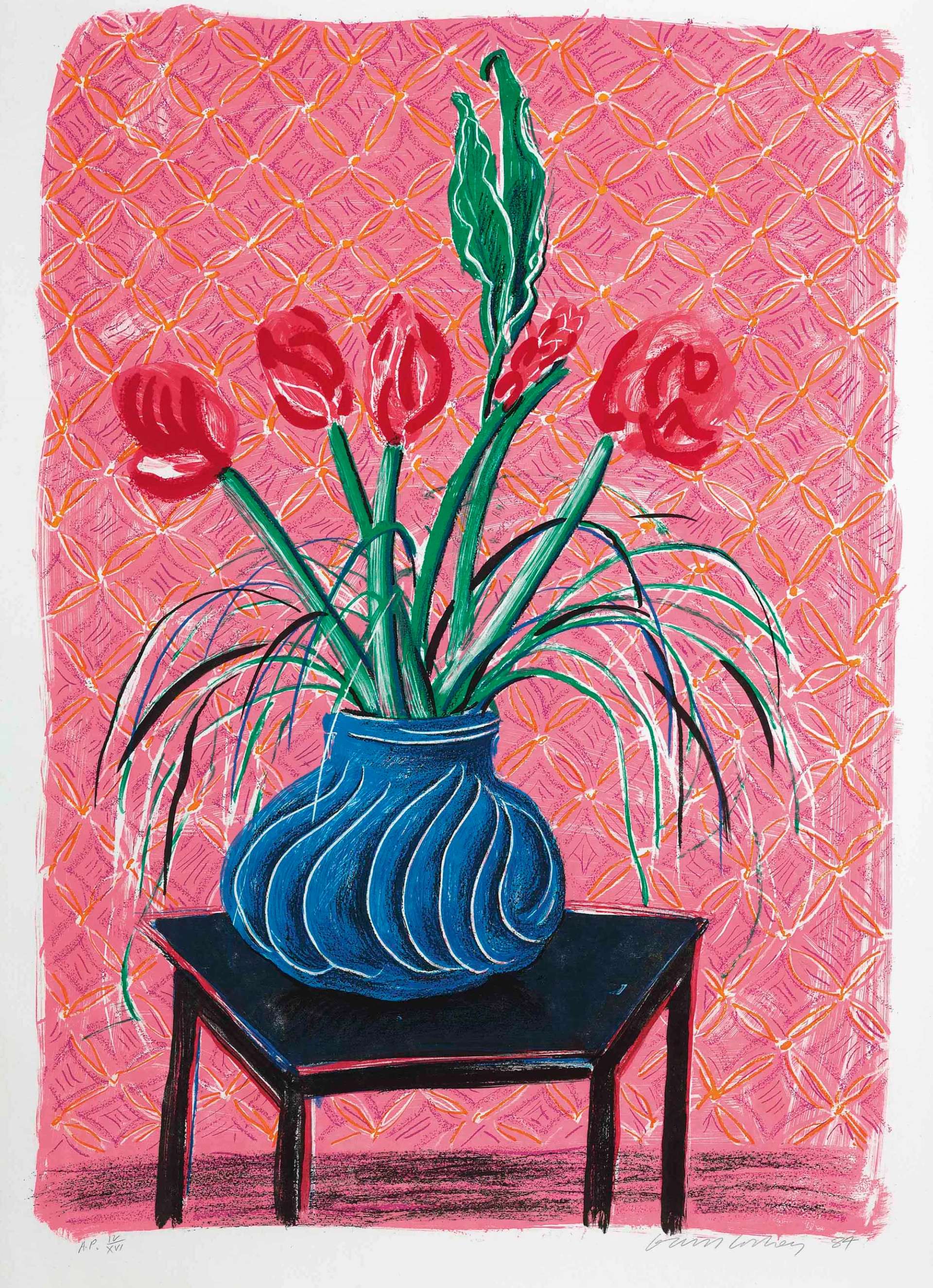 David Hockney's Amaryllis In Vase. A print of five red flowers in a blue vase on a table against pink walls.