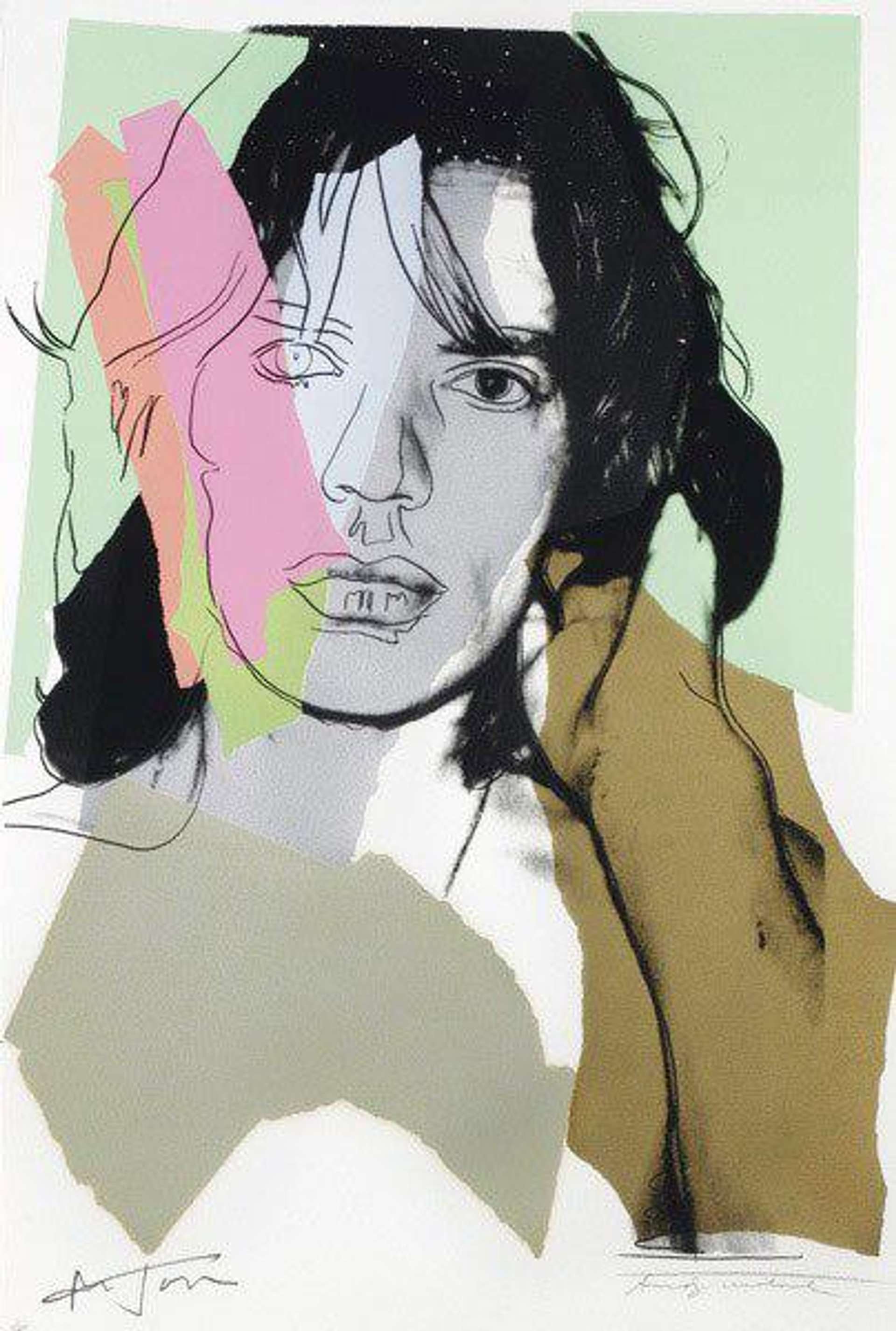A screenprint by Andy Warhol depicting Rolling Stones frontman Mick Jagger in black ink over collaged blocks of green, gold and pink.