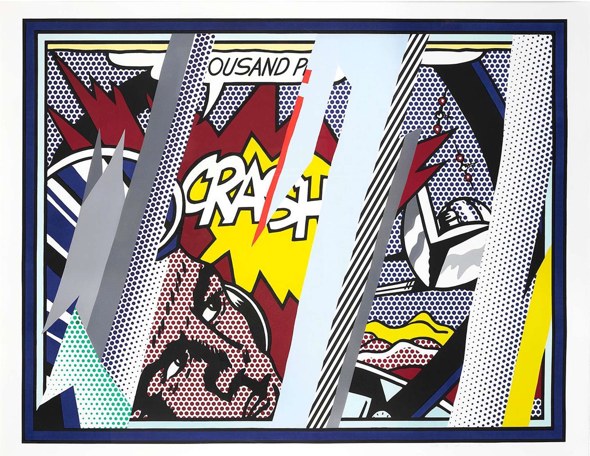 A colourful lithograph print titled "Reflections on Crash" by Roy Lichtenstein, featuring a stylised representation of a car crash with fragmented images of a car and driver visible in the reflection of a rearview mirror.