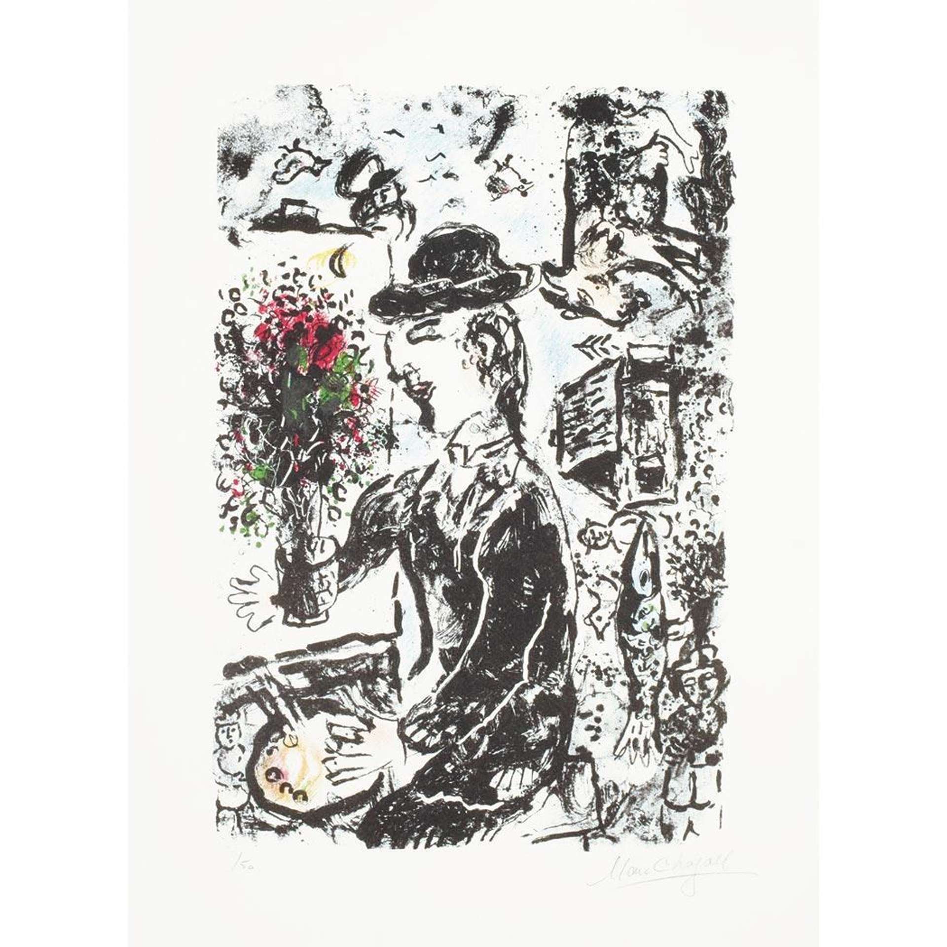 Marc Chagall: Le Peintre Au Chapeau - Signed Print