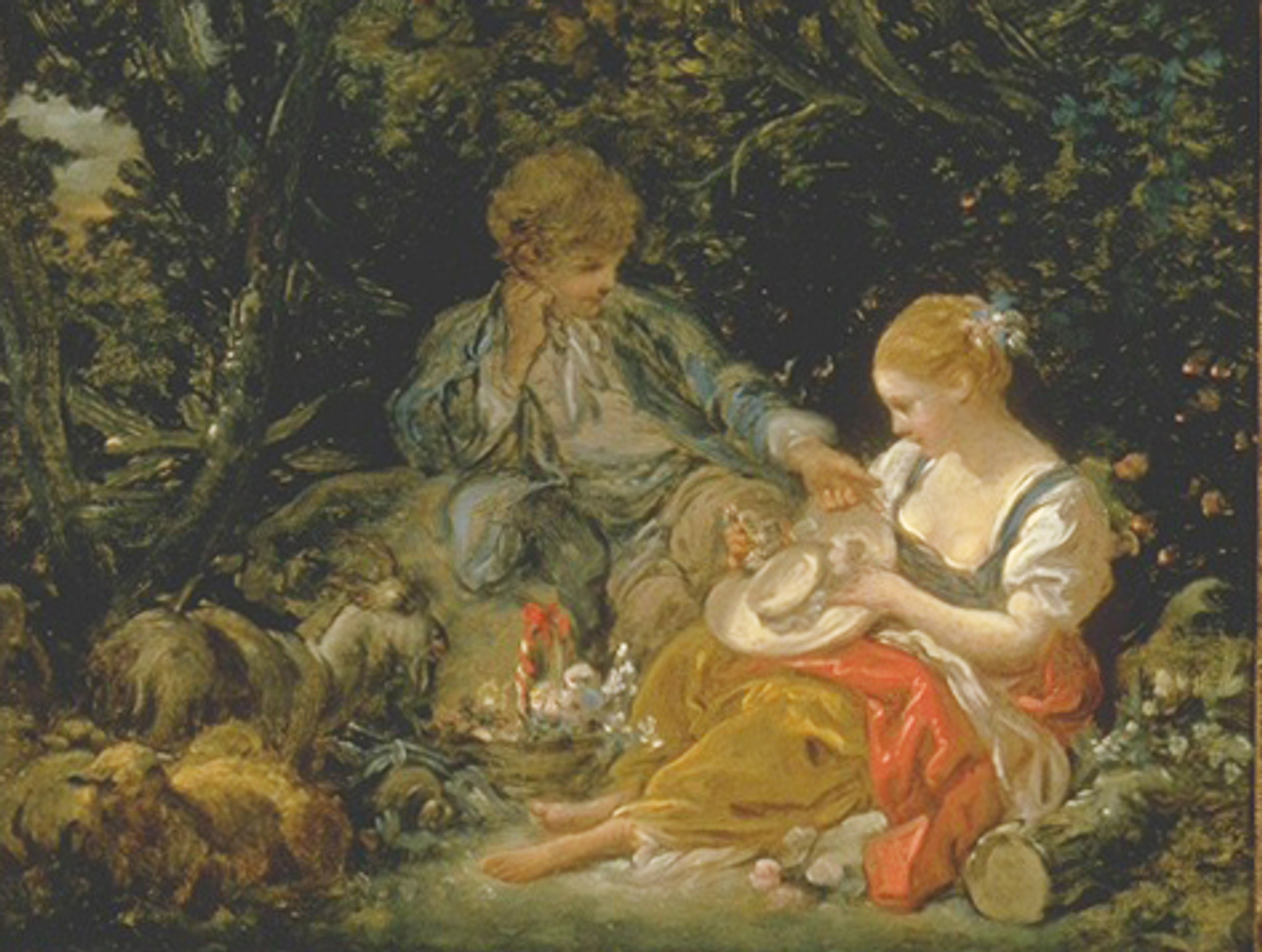 In this painting by Boucher, two young people can be seen interacting within a garden scene.