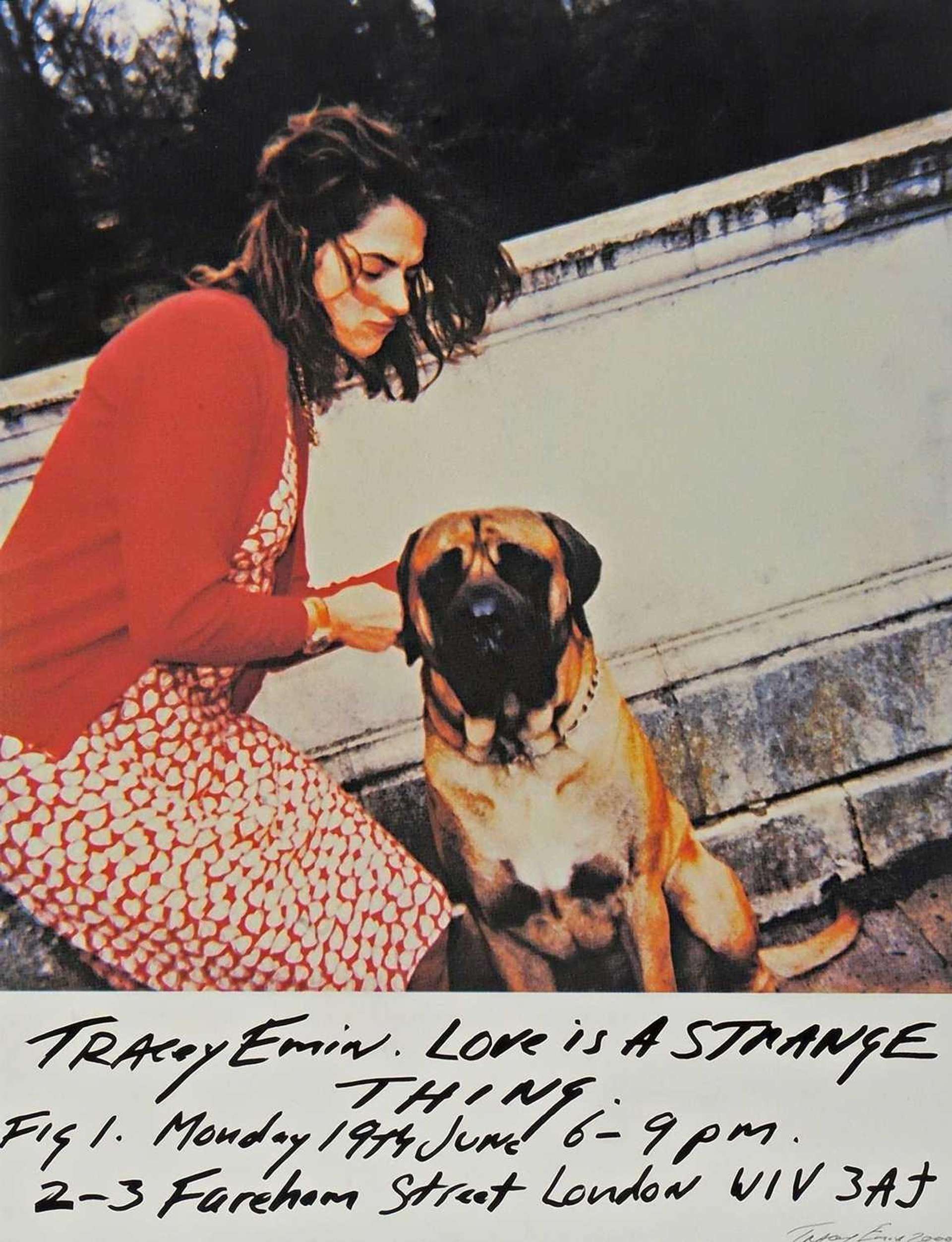 Tracey Emin’s Love Is A Strange Thing. A Polaroid style photo of woman in a red and white polka dot dress adjusting her dog’s collar.