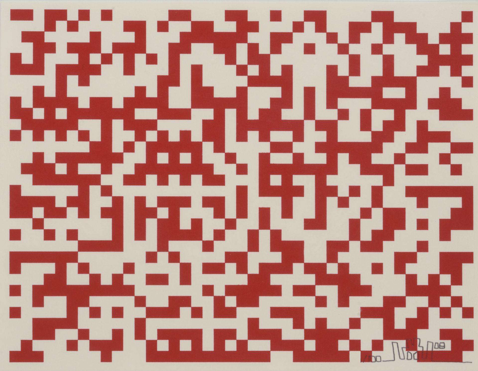 The print depicts a red and white maze-like pattern.The print has a strong technological feel to it as it resonates with a bar code or the 8-bit visual register of arcade games. It is hard to discern exactly what is being depicted in the print, however when looked at closely it is apparent that some of Invader’s famous alien characters are lurking amongst the chaotic composition of red squares.