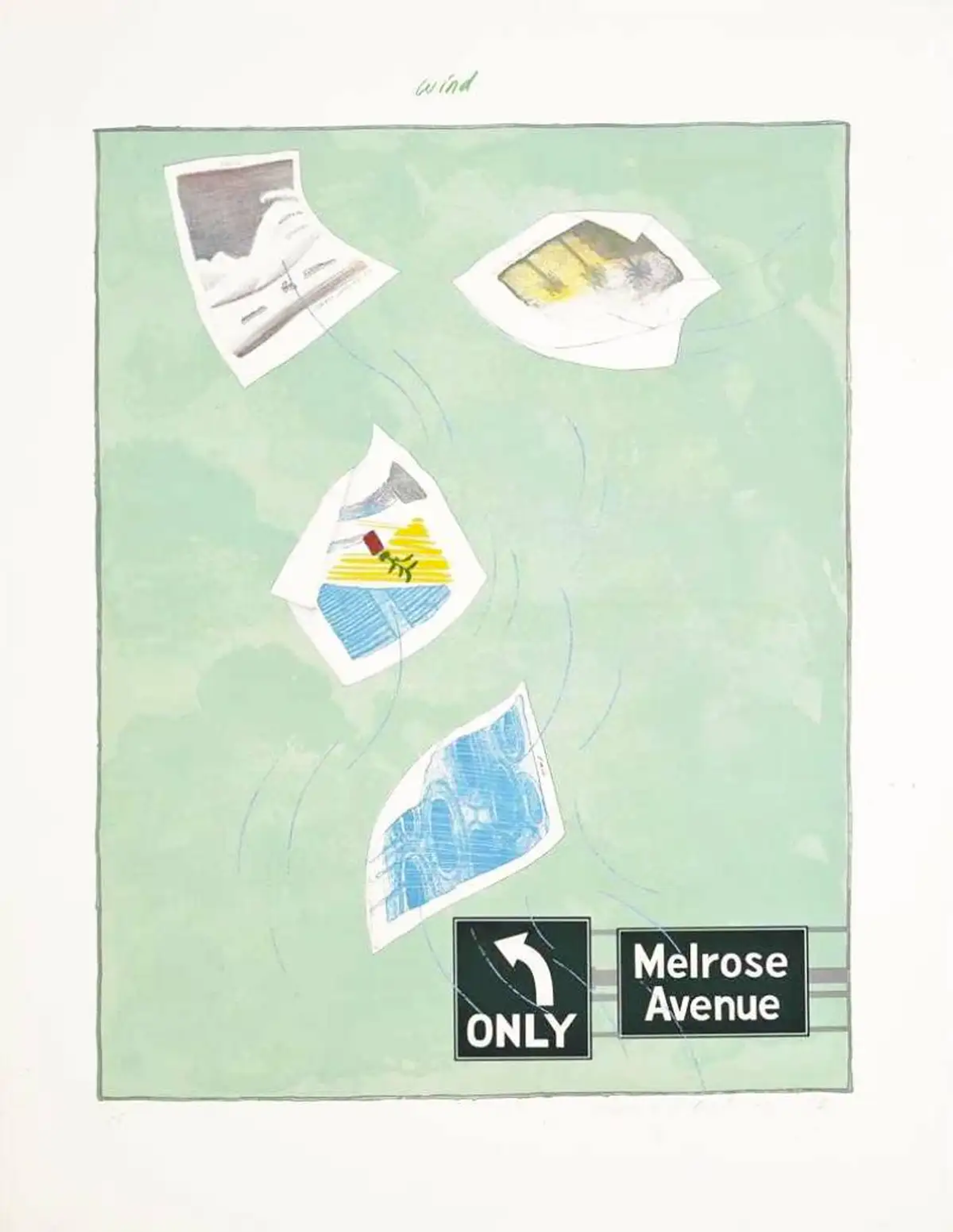 David Hockney's Wind. A print of four works by David Hockney against a light green background with an "Only" and "Melrose Avenue" sign.