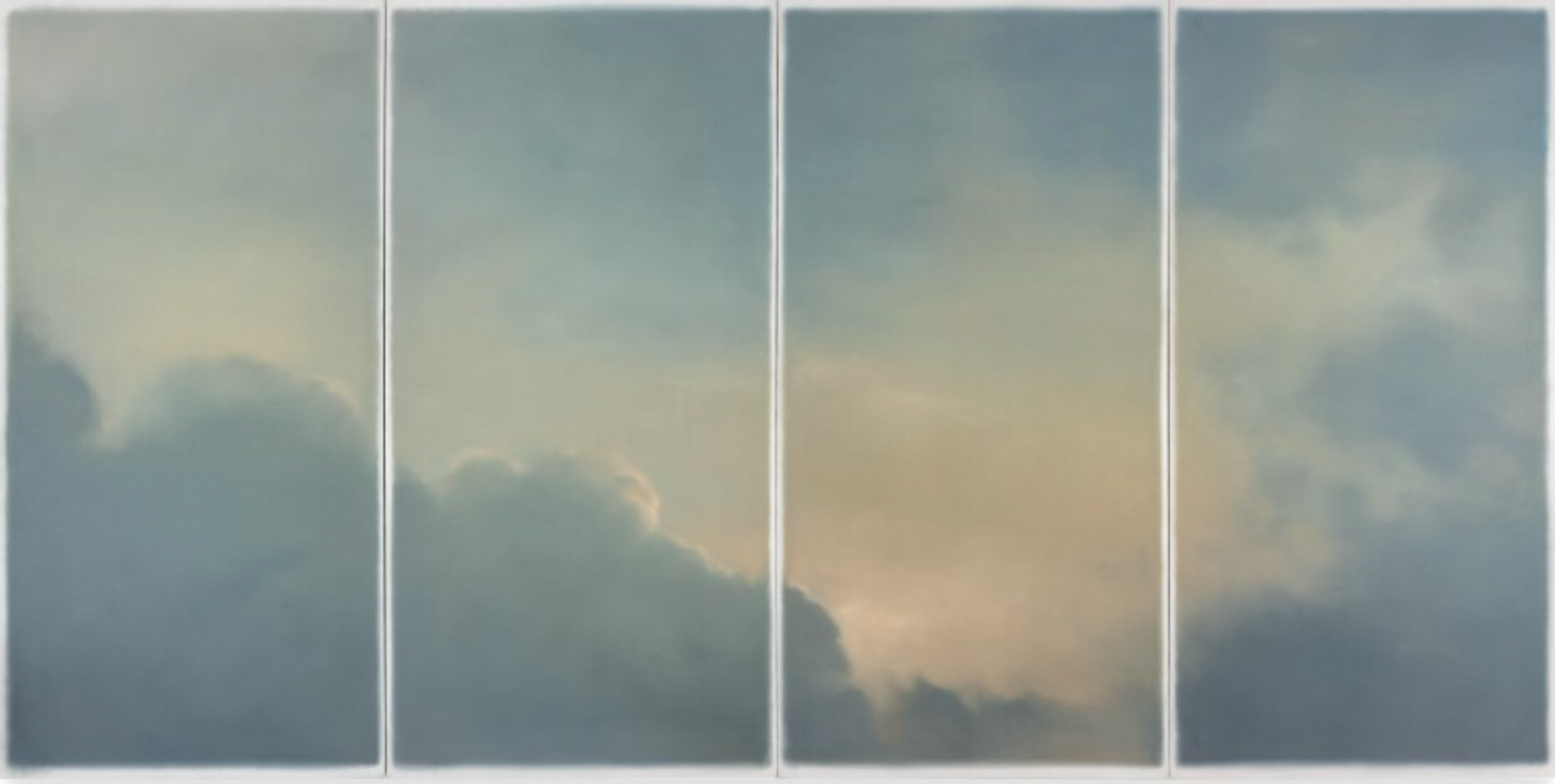 Painting by Gerhard Richter, featuring a cloudscape in muted blue and yellow, divided into four panels, resembling a window view.