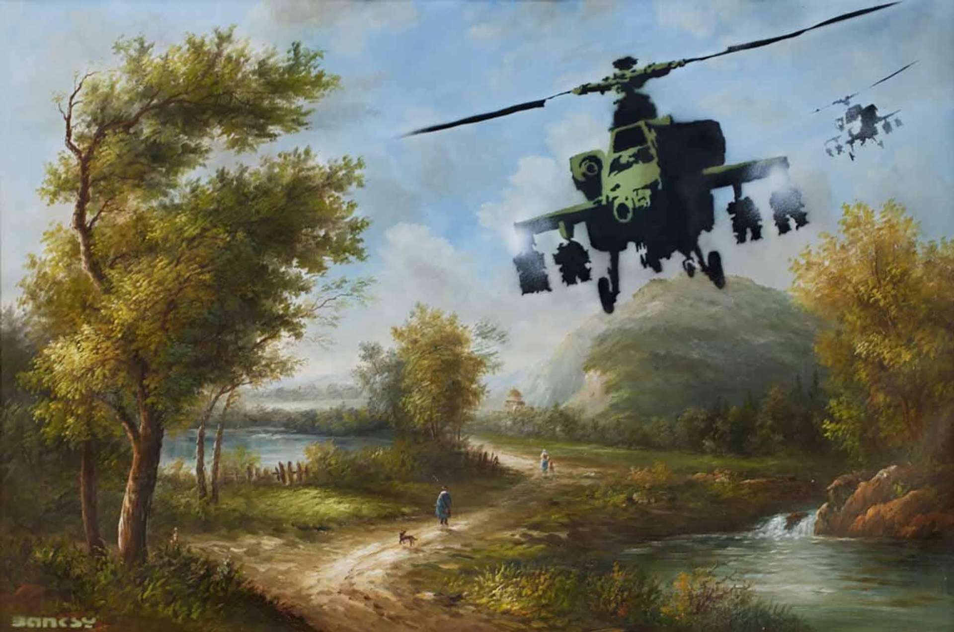 A classic oil painting of a landscape disrupted by Banksy, with a spray painted chopper helicopter in the top right of the composition.