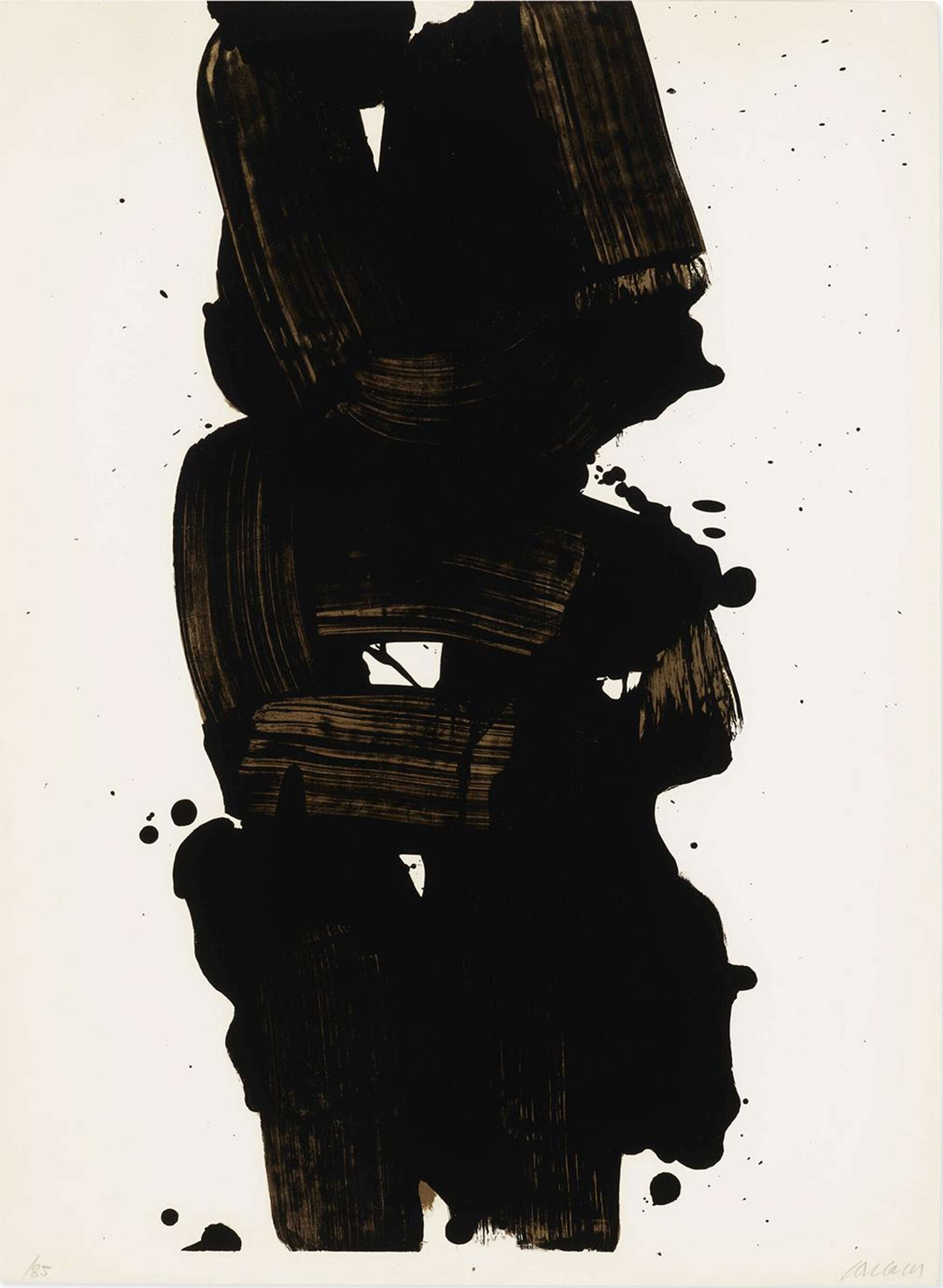 A lithograph print featuring thick black brushstrokes vertically down the middle. The background is off-white, with a few splashes and splatters of black ink.