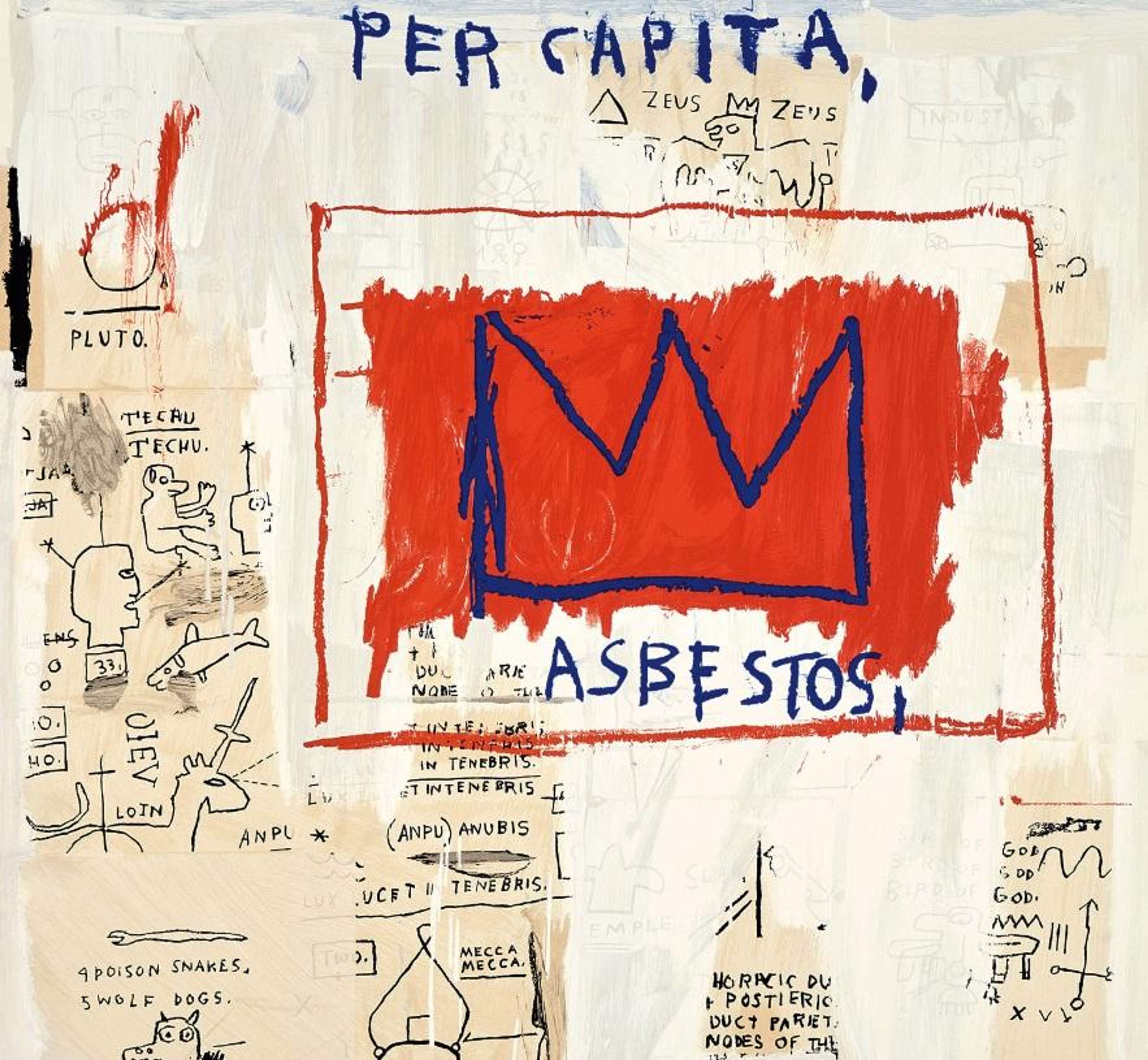 Abstract sketches and text surrounding a crown motif in red and blue, the focal point of the composition