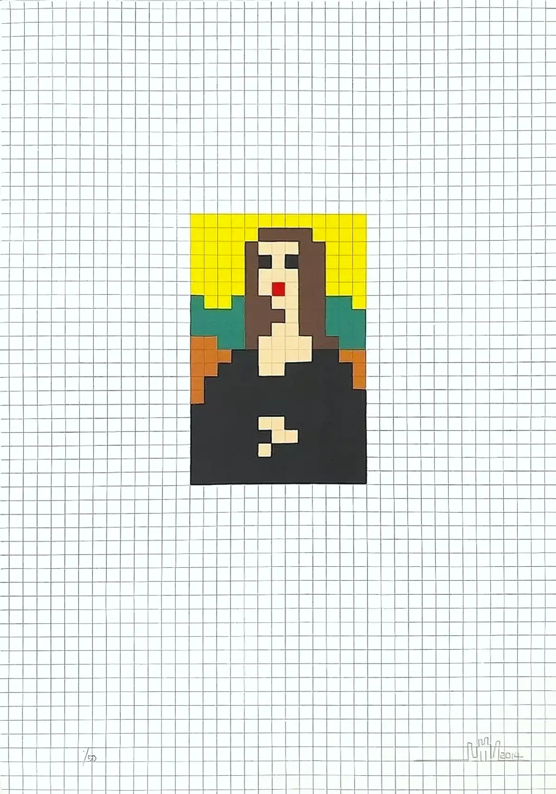 This print depicts a low-res, highly pixelated image of Leonardo’s Da Vinci’s ubiquitous Mona Lisa. In his signature, chunky, retro and pixelated style, Invader has re-made the image of Da Vinci’s Mona Lisa; her posture still discernible. The background of mysterious, atmospheric mountains has been distilled into crude, chunky pixels of bright yellow, green and orange. 
