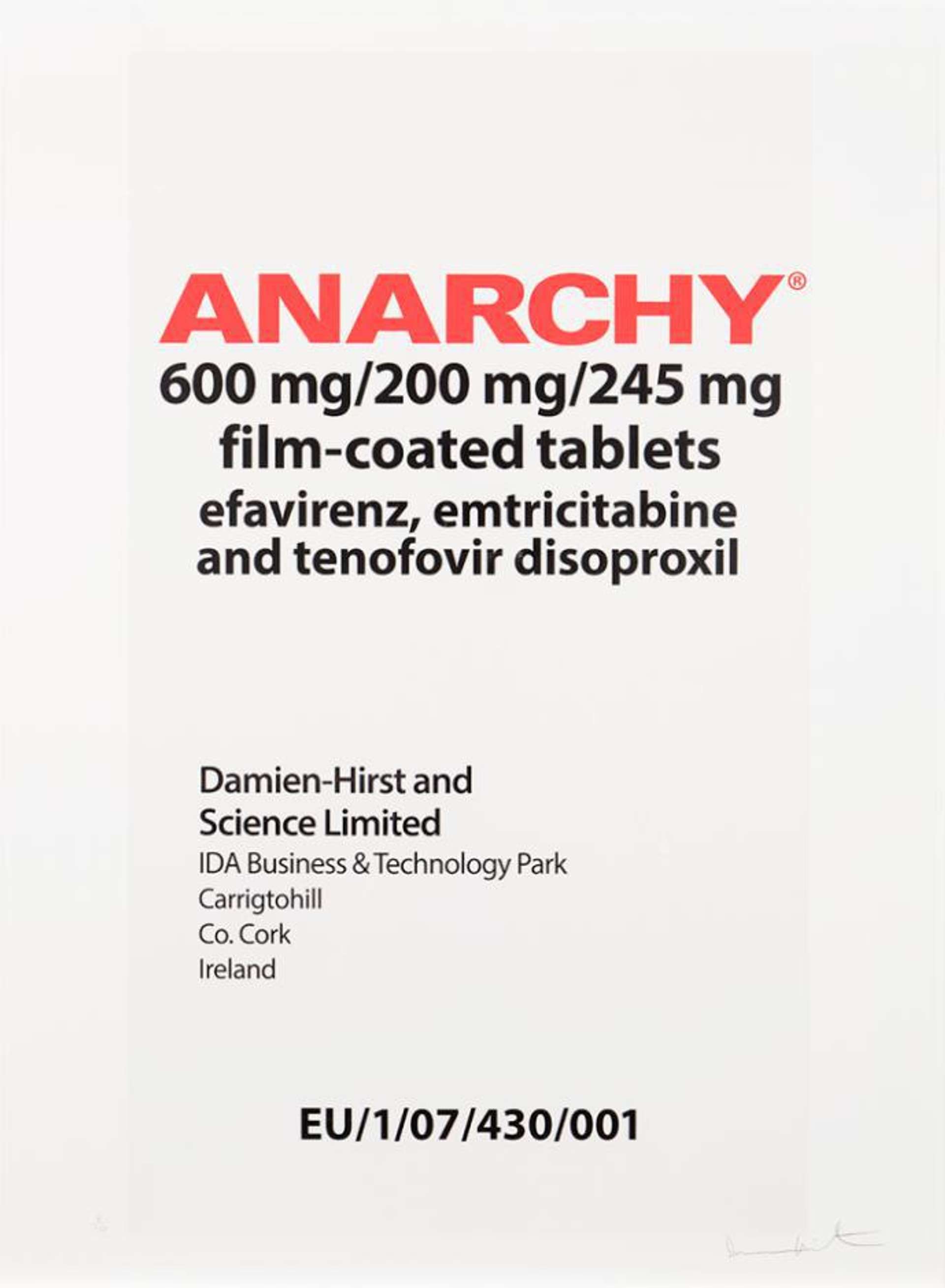 Damien Hirst’s Anarchy. A screenprint of a white pharmaceutical box with various texts including “anarchy ® 600 mg”. 
