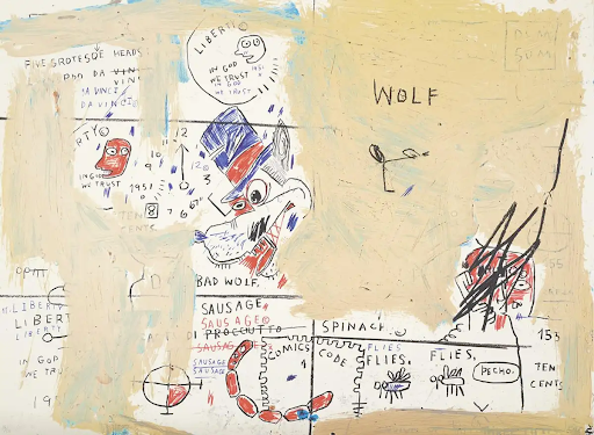 Jean-Michel Basquiat’s Wolf Sausage. A Neo Expressionist screenprint of a wolf character with a link of sausage below it surrounded by texts and various icons.