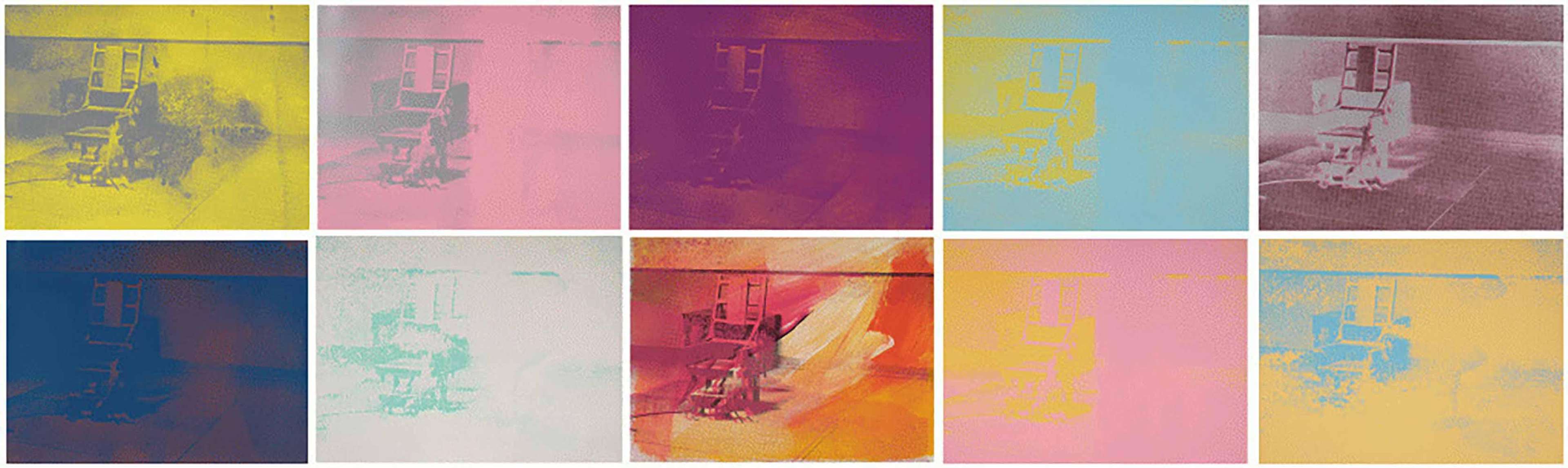 A complete set of Andy Warhol's Electric Chair prints. It shows a single electric chair in the centre of an empty room
