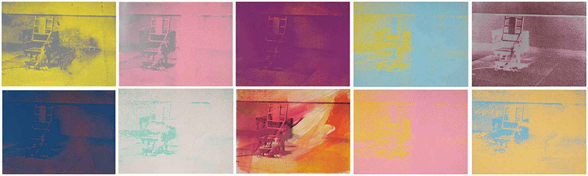 A complete set of Andy Warhol's electric chairs, depicting the death instrument in a variety of bright colours.