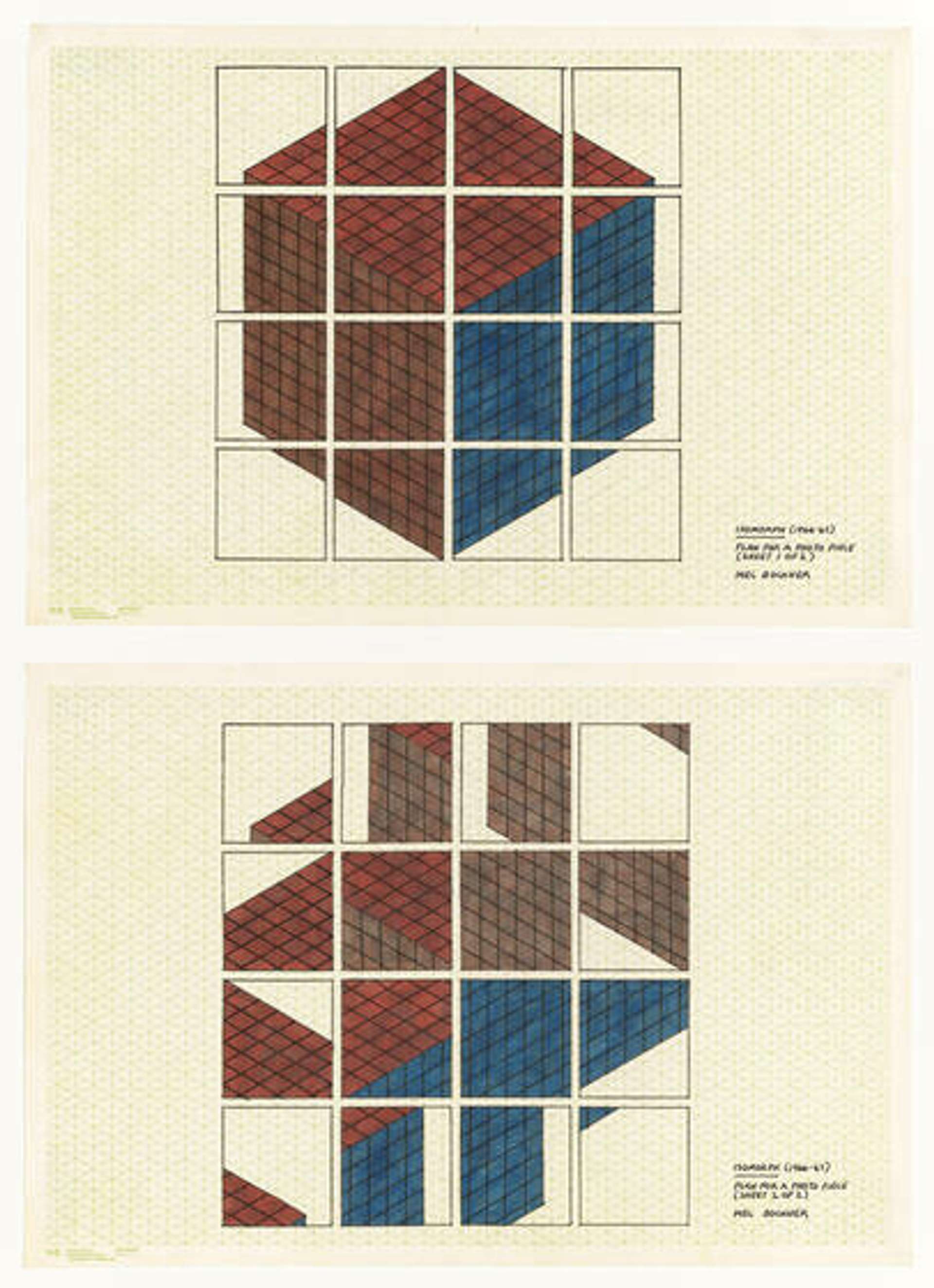 Two conceptual artworks on paper depicting a three-dimensional cube with different surface colors. The first artwork shows the cube broken apart by eight smaller squares, while the second artwork rearranges the identifying surfaces into a puzzle-like format.