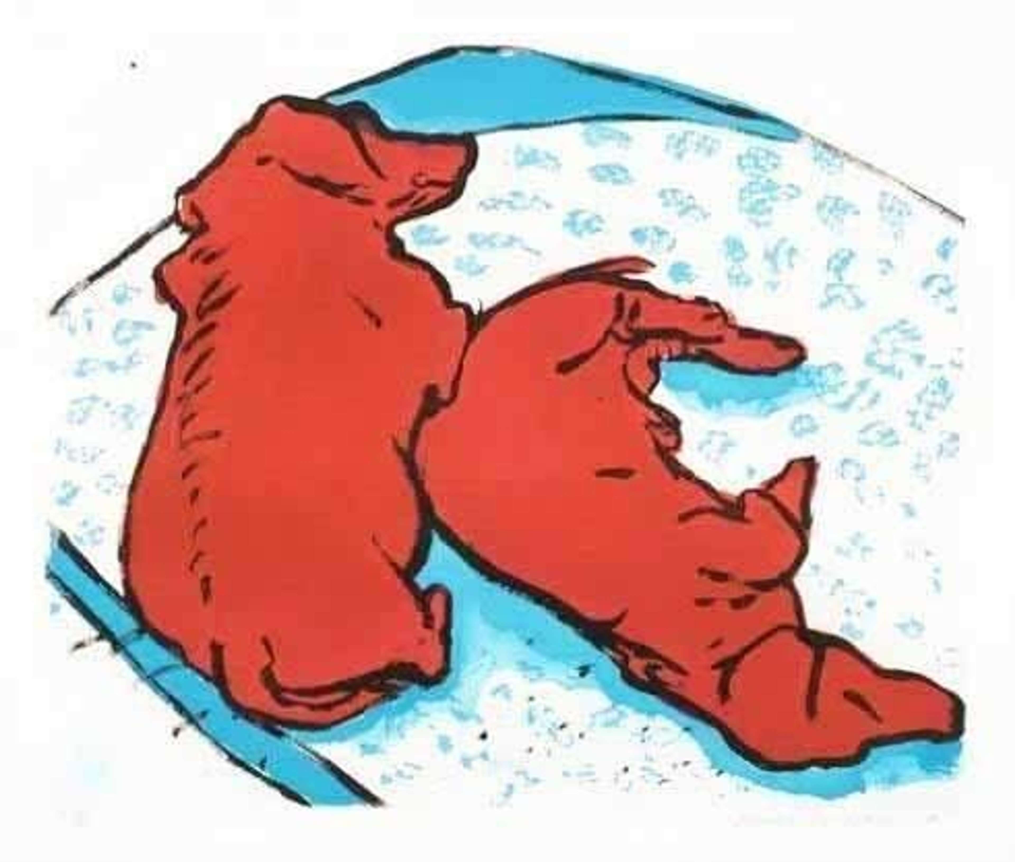 A tall-format print depicting Stanley and Boodgie sitting upright, their elongated bodies emphasised by the vertical composition.