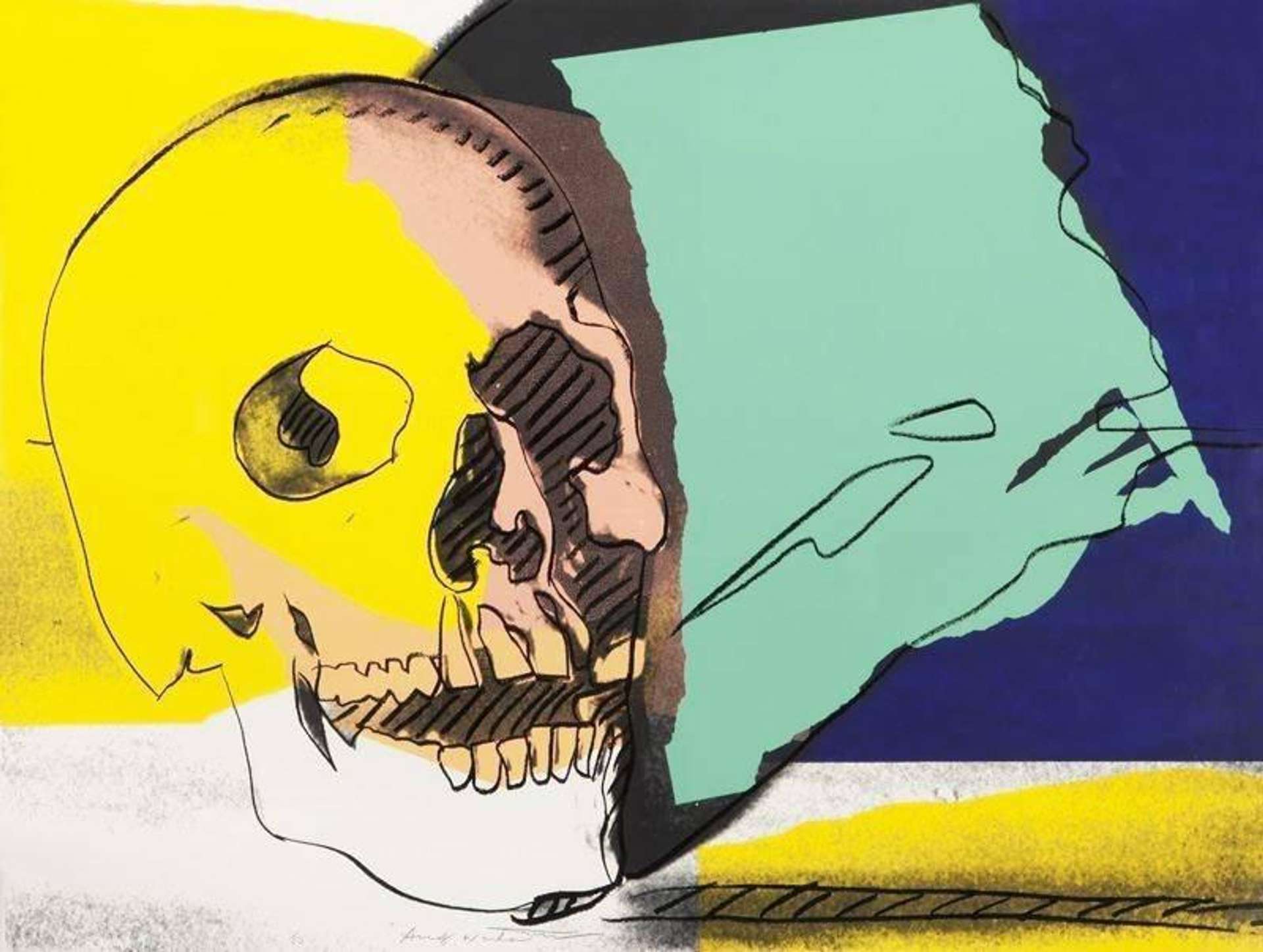 The print was produced by layering bright blocks of colour over a hand-drawn sketch of a human skull. The exuberance of the yellow, green and blue blocks of colour are at odds with the grave subject matter, giving the print an unsettling but striking character.