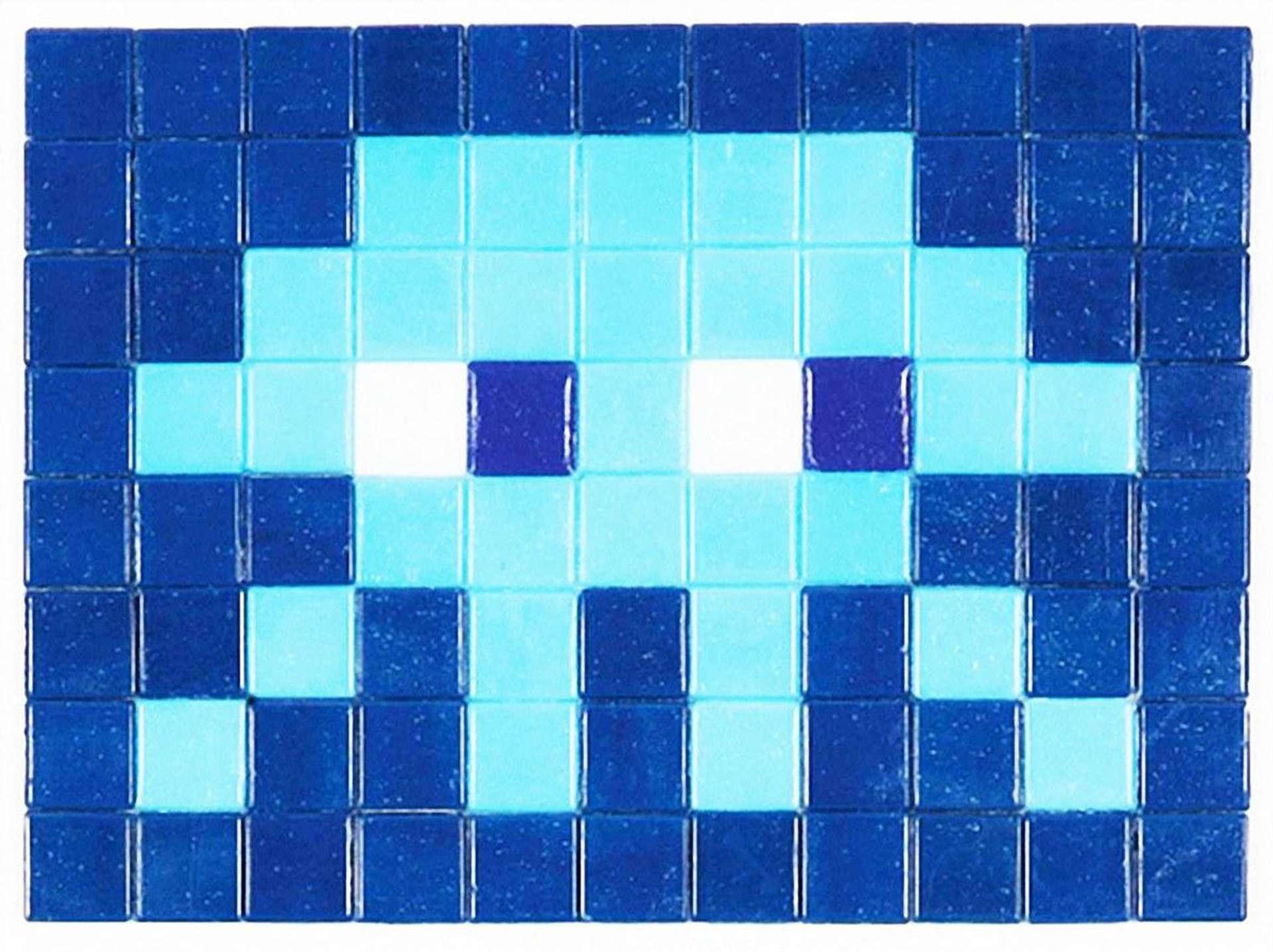 A mosaic of blue tiles by Invader depicting a Space Invader character.