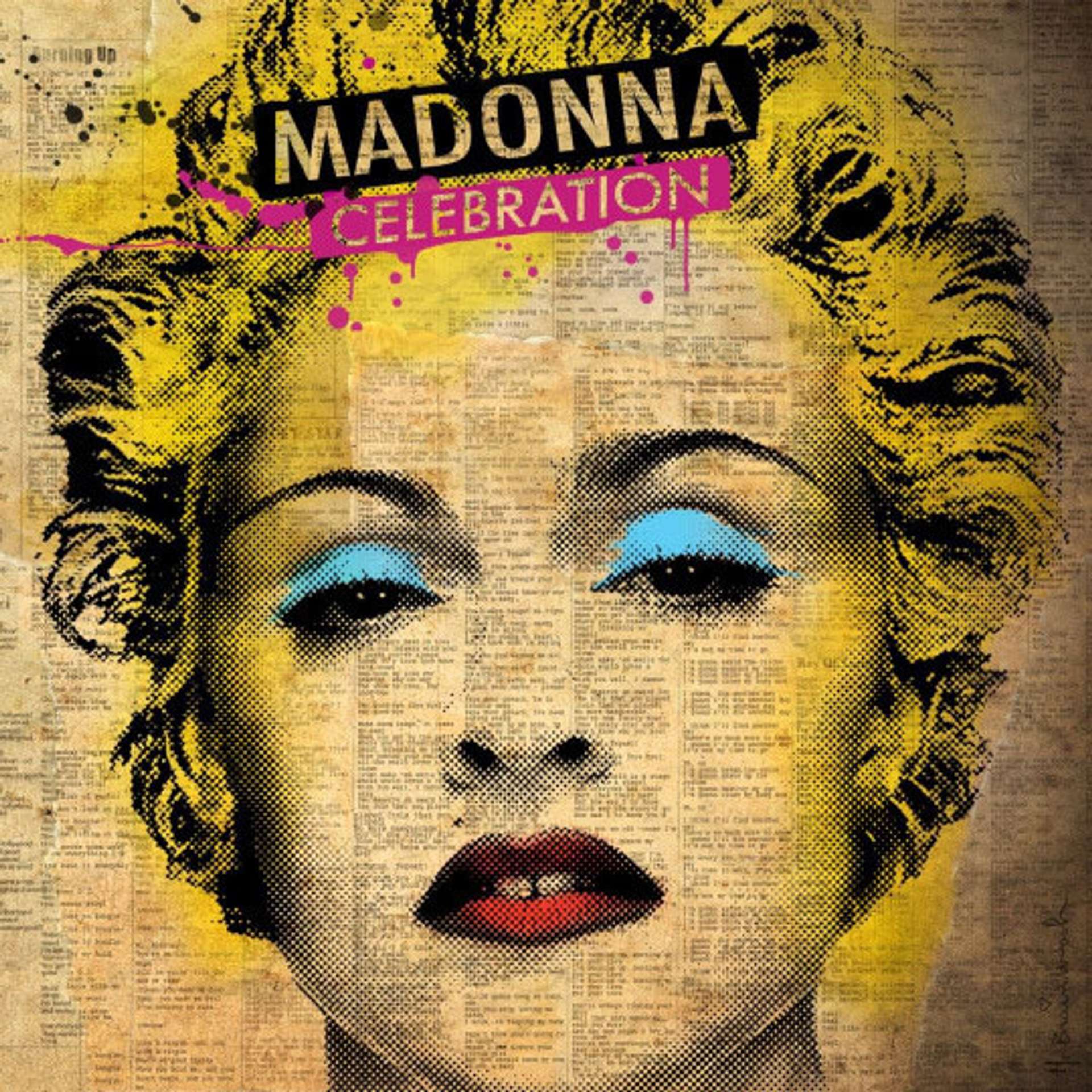 An image of the album cover for Celebrate by Mr. Brainwash, showing a graphic style close-up of the singer Madonna, stylised in a similar manner as Andy Warhol’s series of Marilyns. She is looking directly at the viewer, wearing red lipstick and blue eyeshadow and her hair is dyed bright yellow.