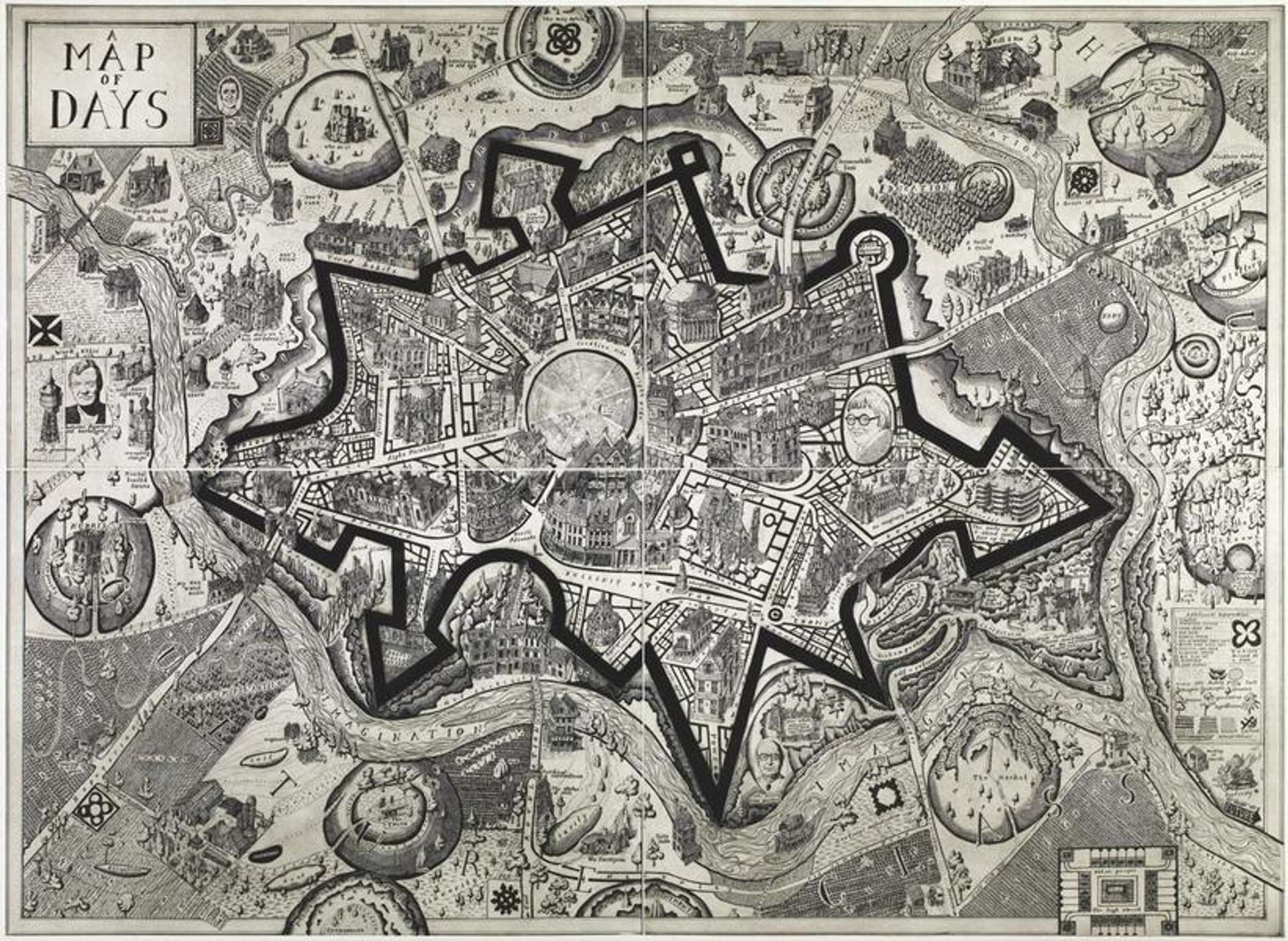 A cartographic style map in grey pencil, featuring portraits of Perry’s wife Philippa Perry, Tour de France winner Bradley Wiggins, the poet Philip Larkin and the art critic Robert Hughes. Other images in the map denote Perry’s interests, habits, psychological traits and even some of his medical history.