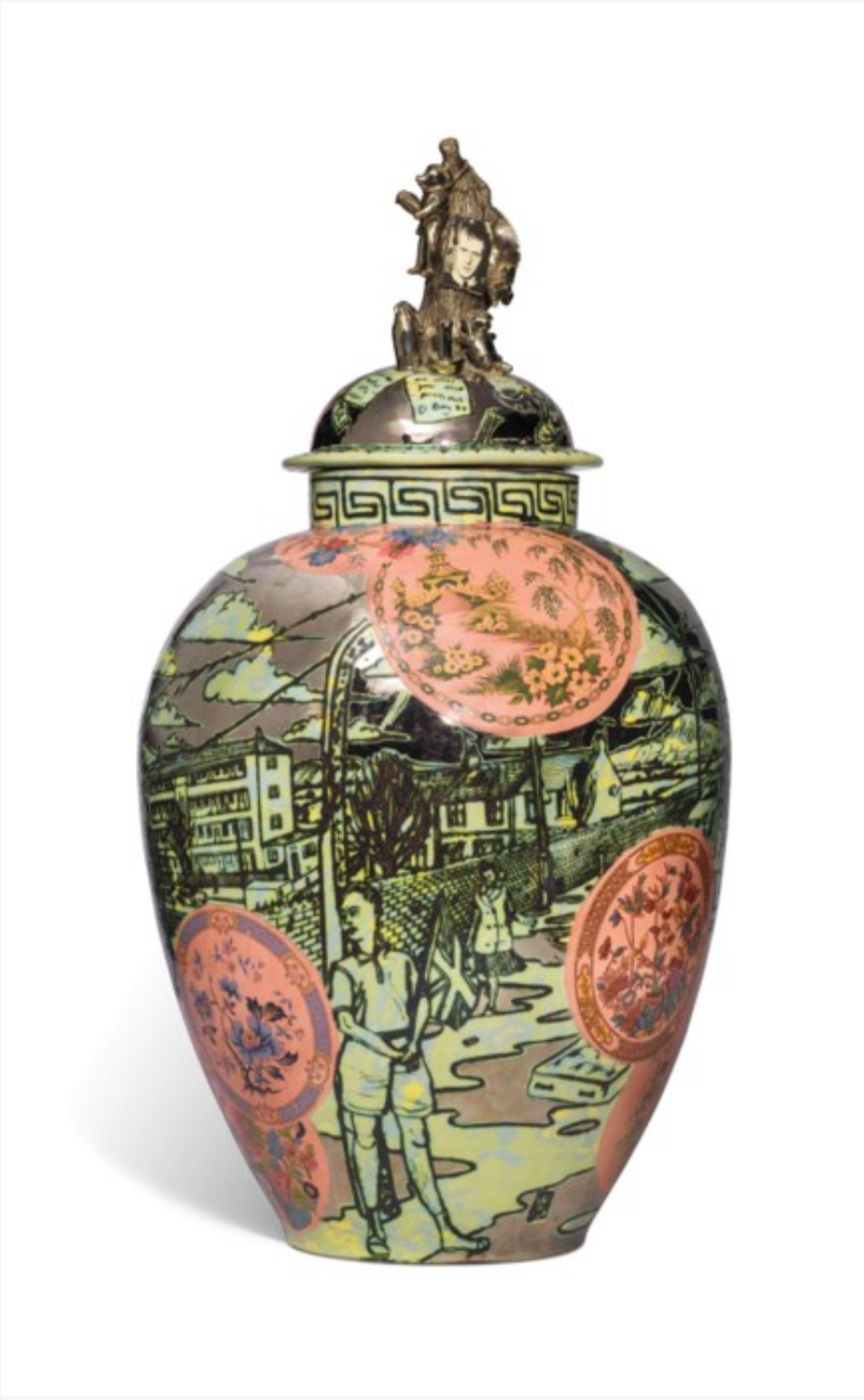 Ceramic vase made by Grayson Perry, depicting a young rendering of himself standing in a working class town. 