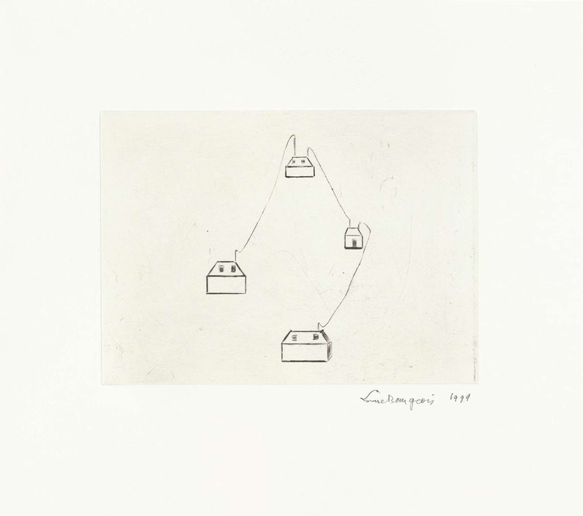 Louise Bourgeois’ Fences Are Obsolete. A drypoint print of four houses connected with faint lines.